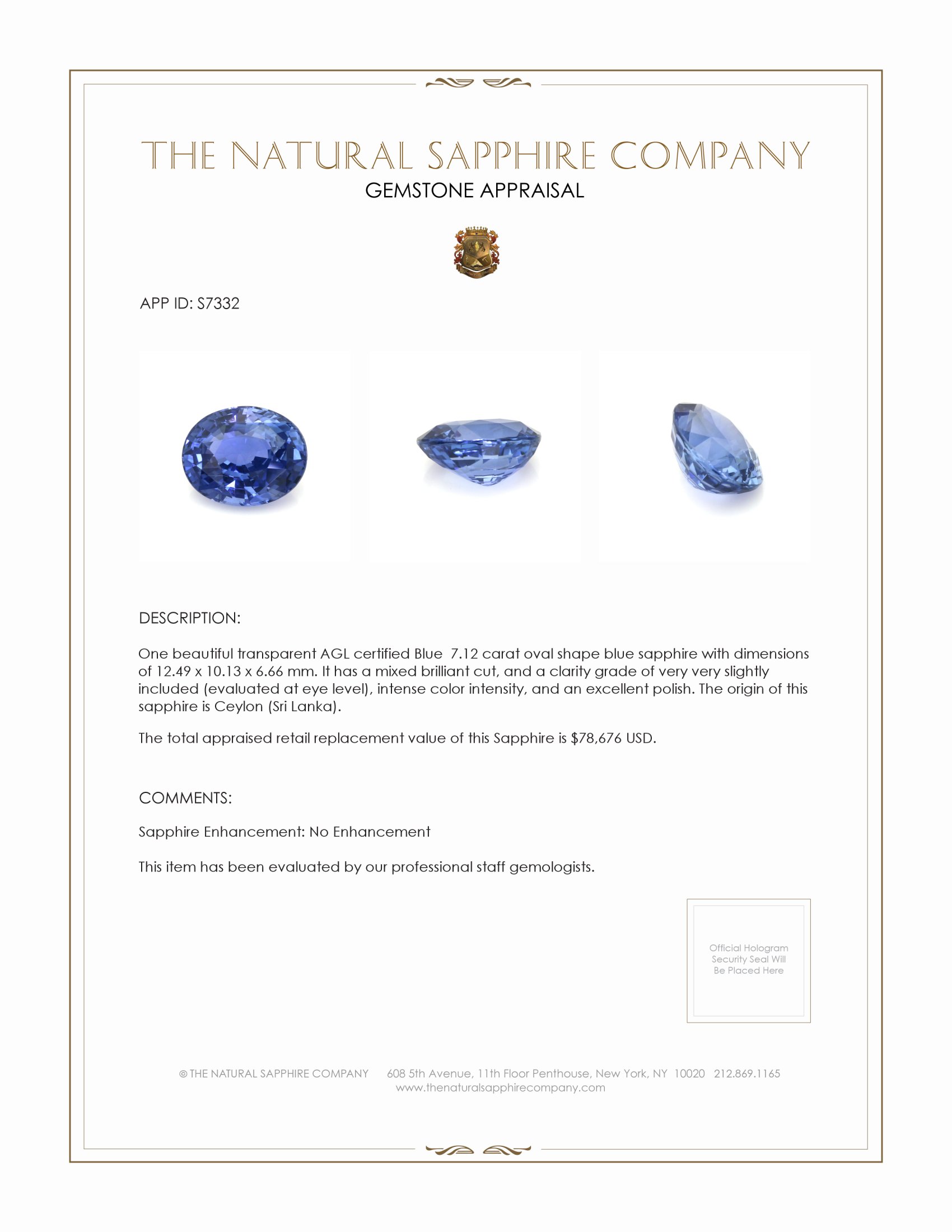 7.12 Ct. Blue Sapphire from Ceylon (Sri Lanka)