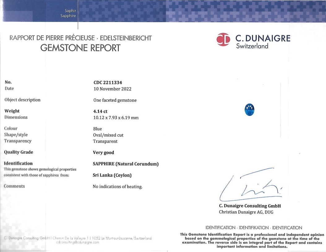 4.14 Ct. Blue Sapphire from Ceylon (Sri Lanka)