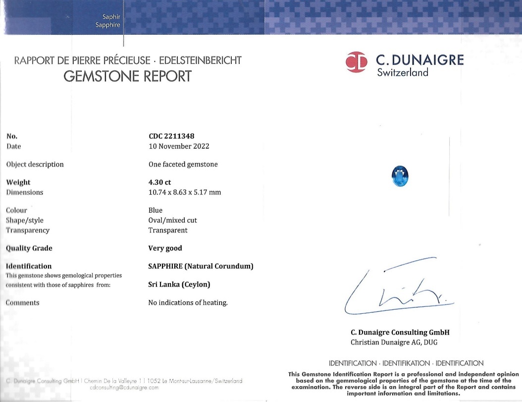 4.30 Ct. Blue Sapphire from Ceylon (Sri Lanka)