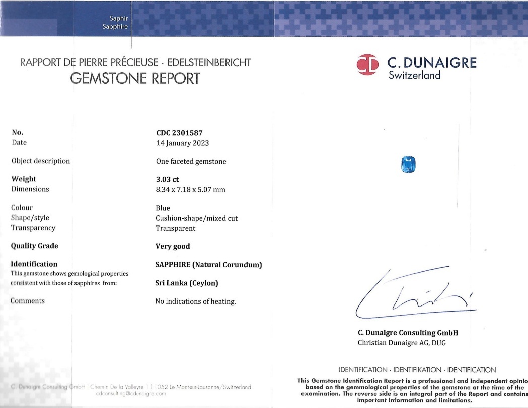 3.03 Ct. Blue Sapphire from Ceylon (Sri Lanka)