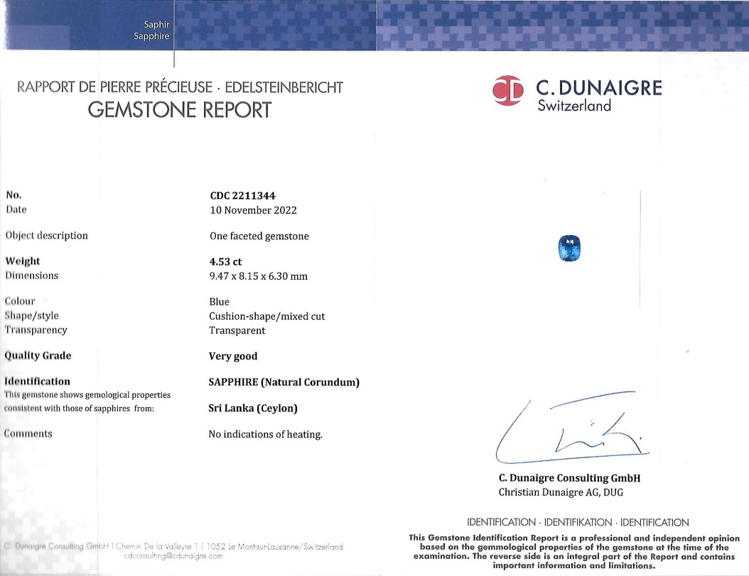 4.53 Ct. Blue Sapphire from Ceylon (Sri Lanka)