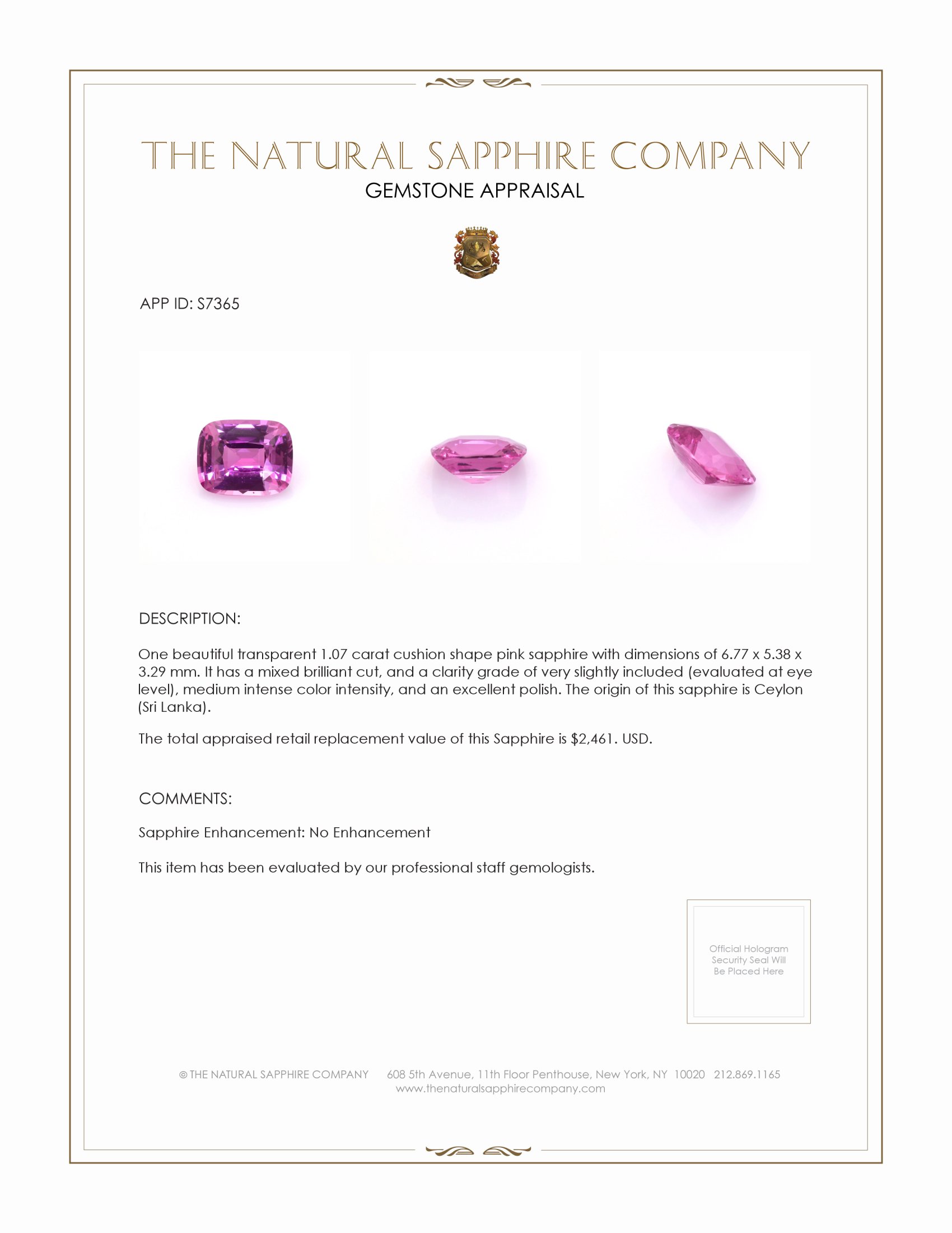 1.07 Ct. Purplish Pink Sapphire from Ceylon (Sri Lanka)