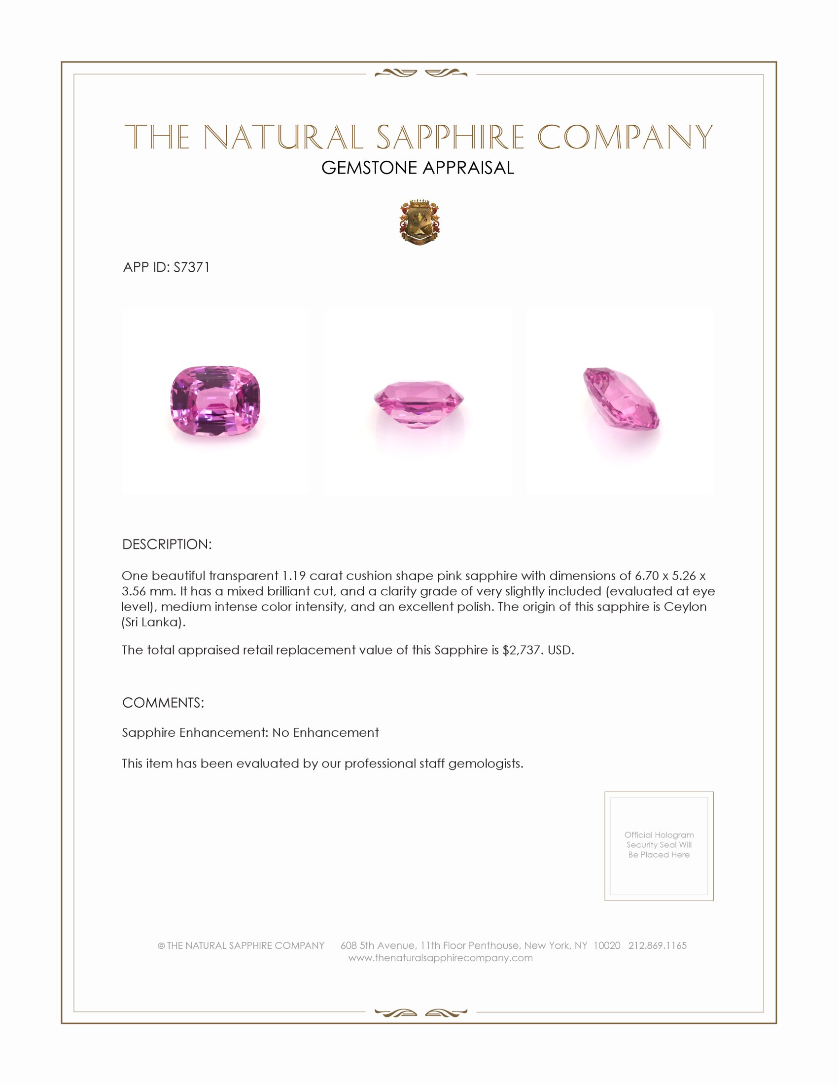 1.19 Ct. Purplish Pink Sapphire from Ceylon (Sri Lanka)