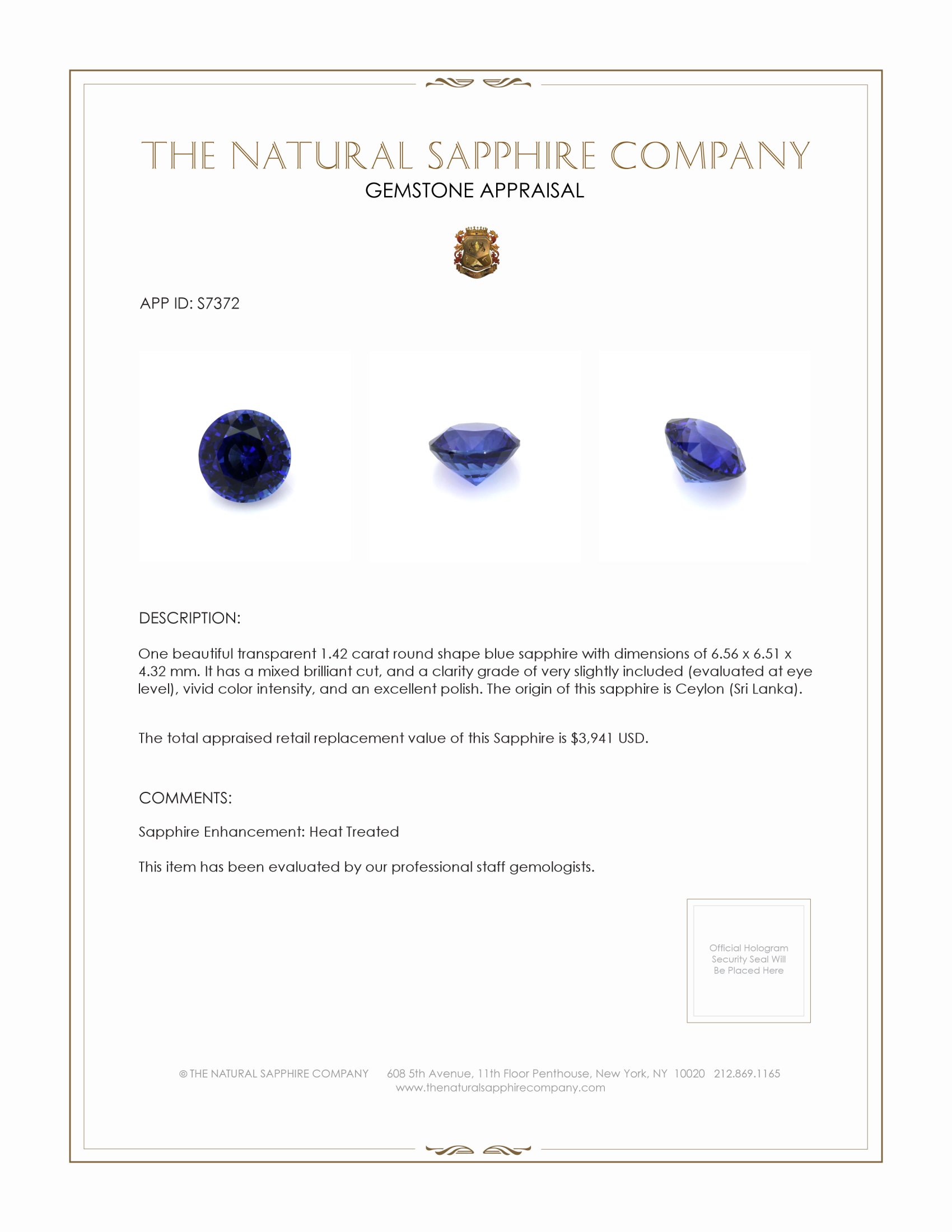 1.42 Ct. Blue Sapphire from Ceylon (Sri Lanka)