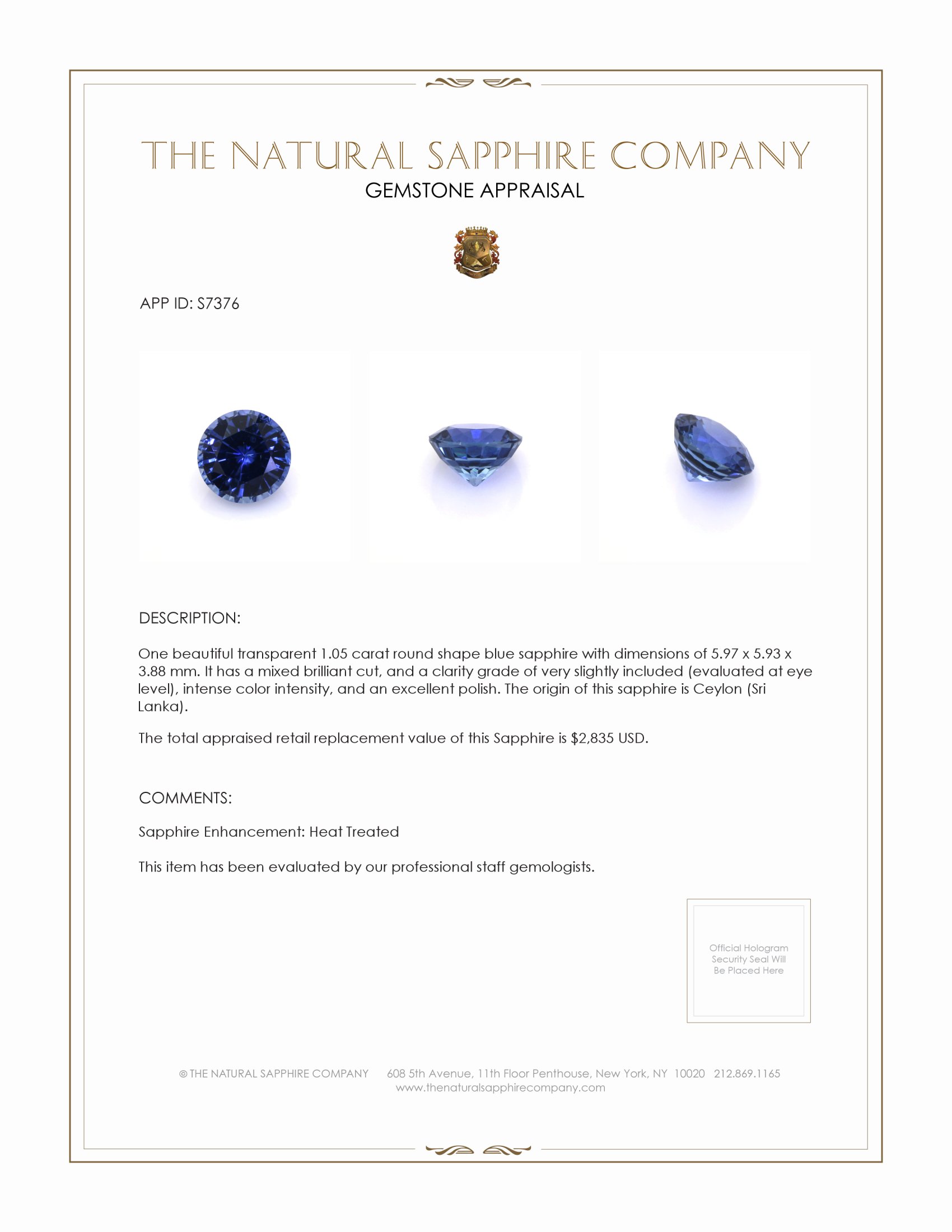 1.05 Ct. Blue Sapphire from Ceylon (Sri Lanka)