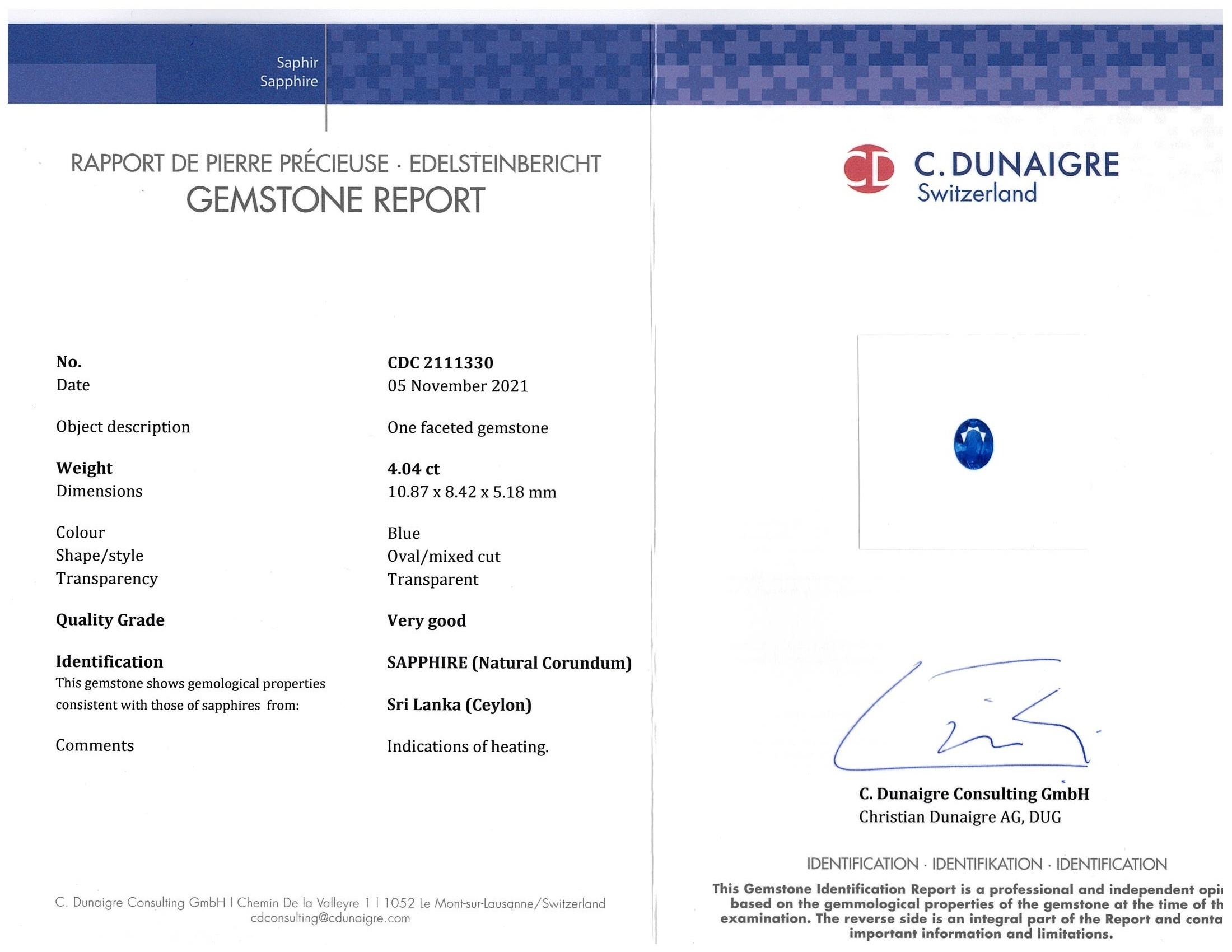 4.04 Ct. Blue Sapphire from Ceylon (Sri Lanka)