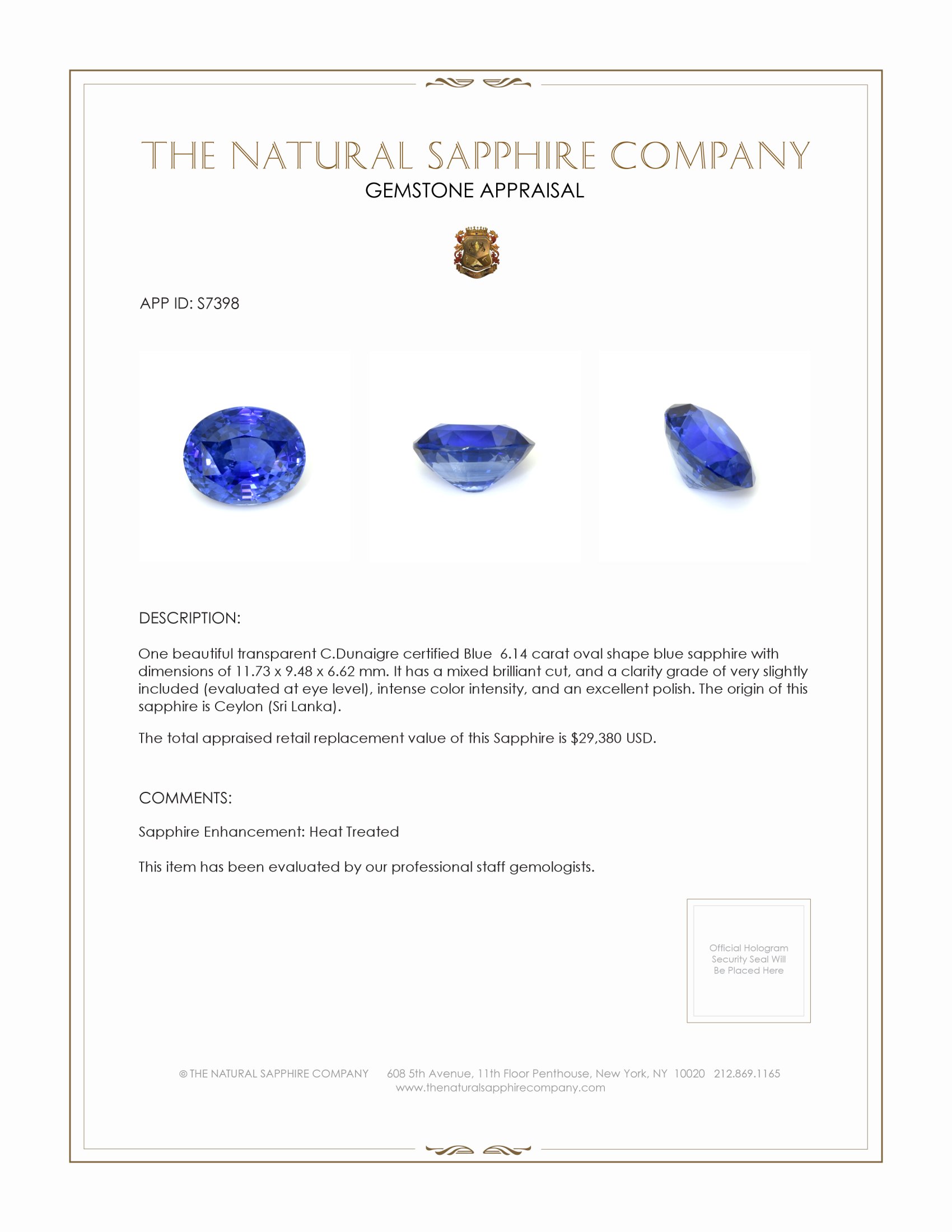 6.14 Ct. Blue Sapphire from Ceylon (Sri Lanka)