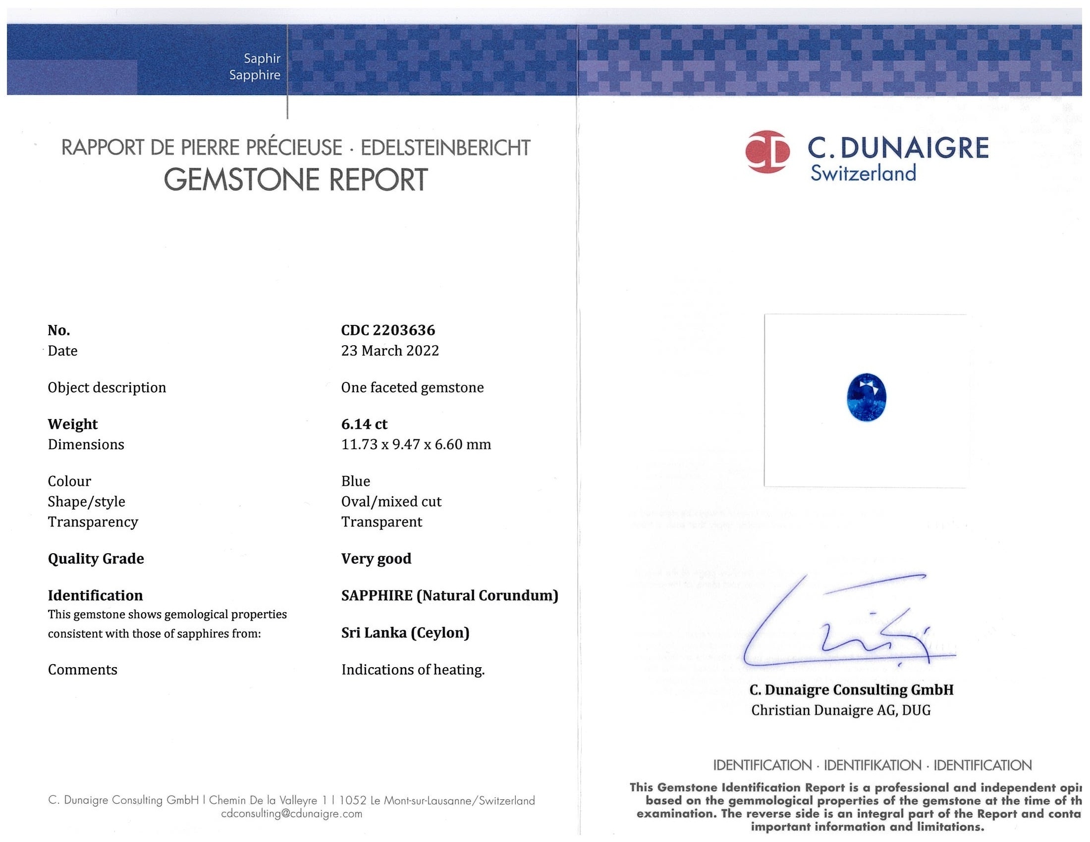 6.14 Ct. Blue Sapphire from Ceylon (Sri Lanka)