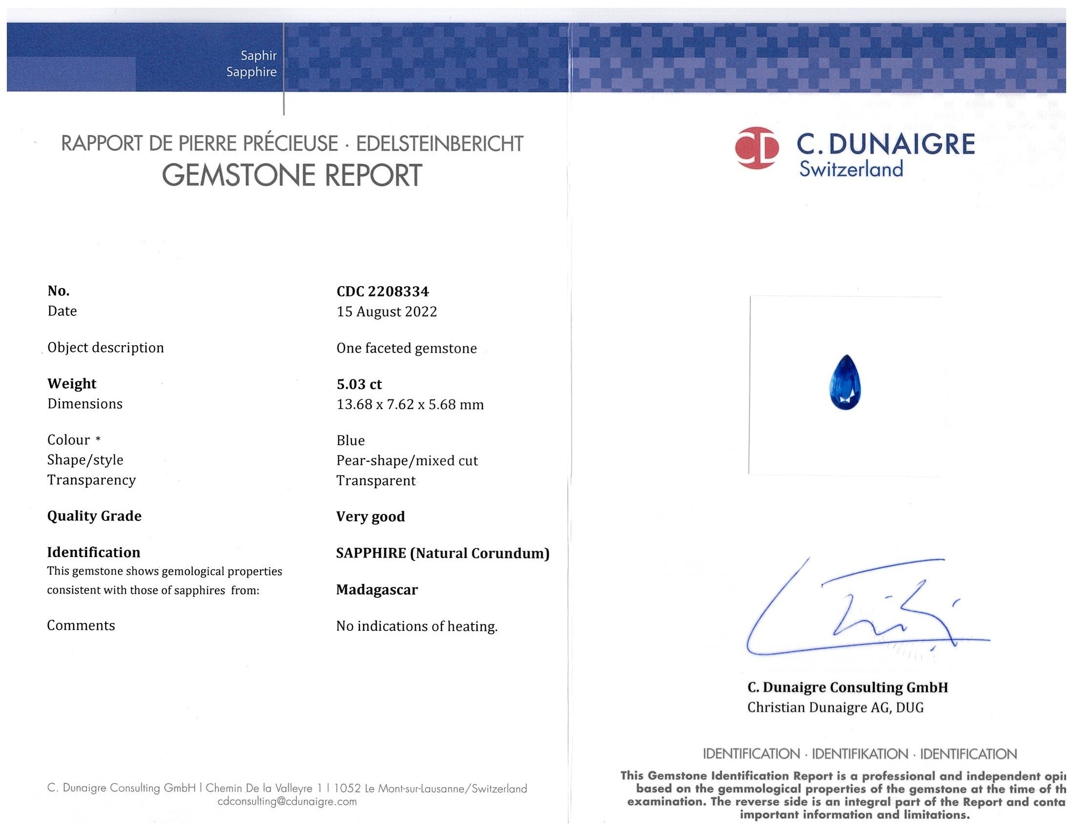 5.03 Ct. Blue Sapphire from Madagascar