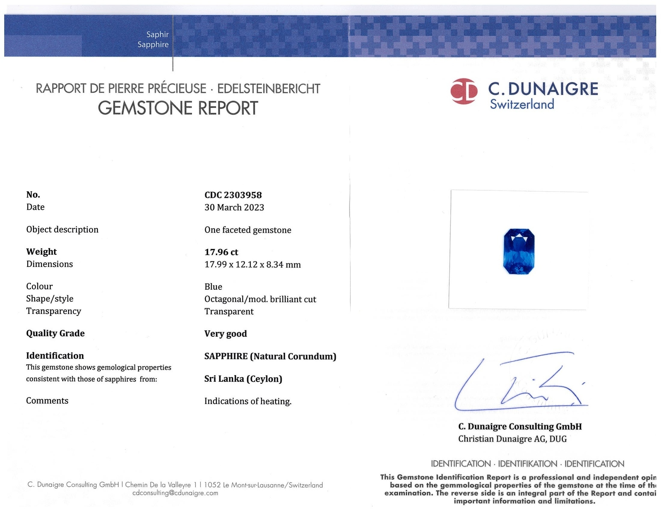 17.96 Ct. Blue Sapphire from Ceylon (Sri Lanka)