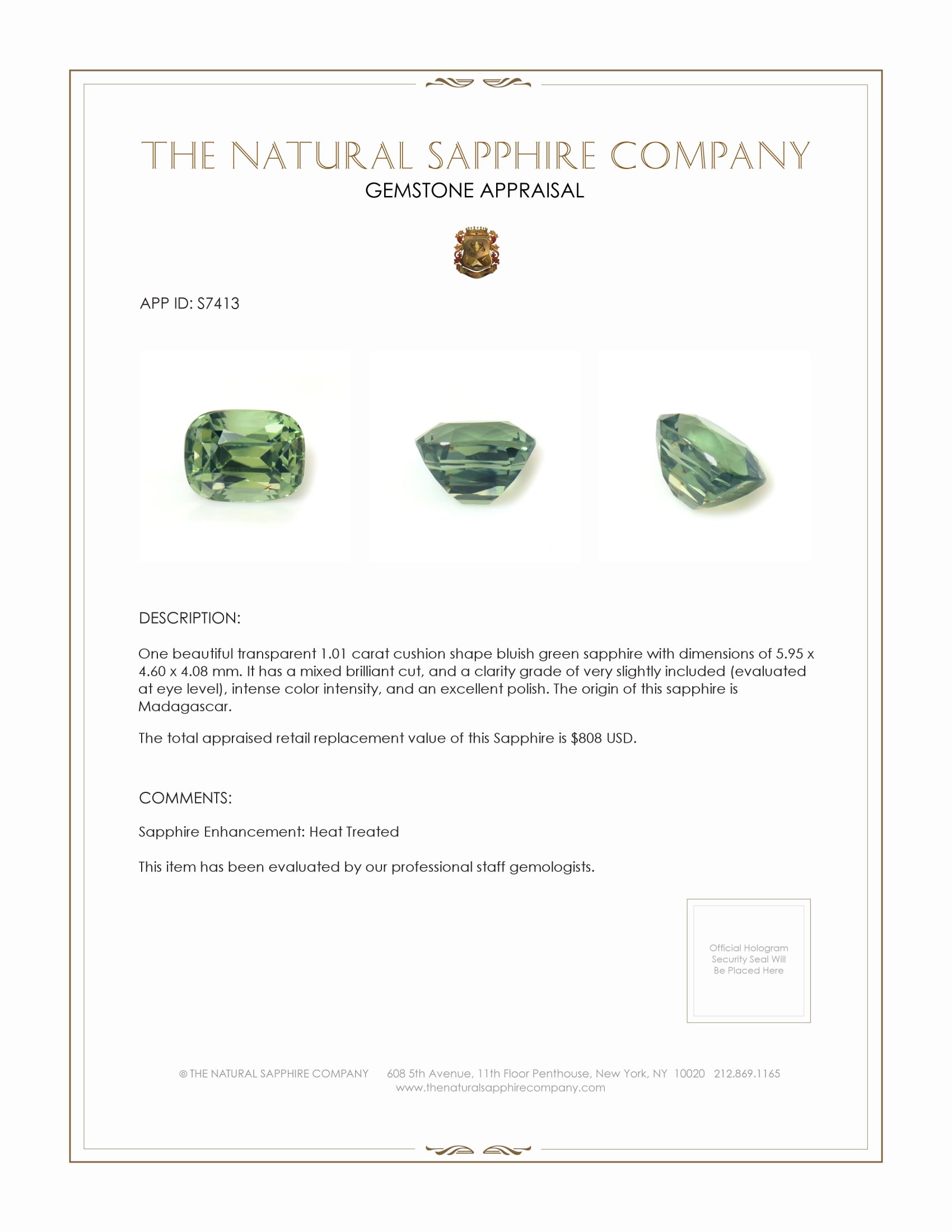 1.01 Ct. Bluish Green Sapphire from Madagascar