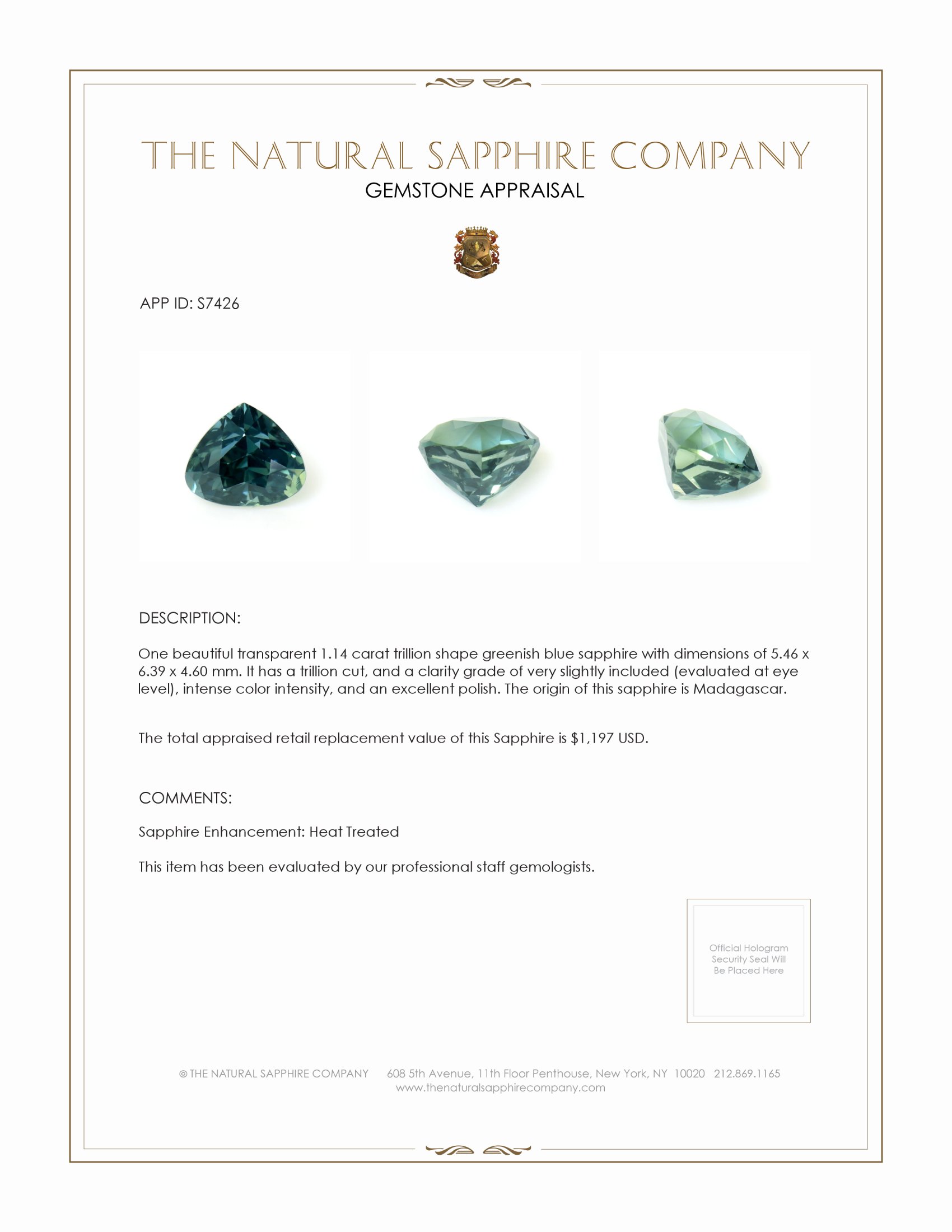 1.14 Ct. Greenish Blue Sapphire from Madagascar