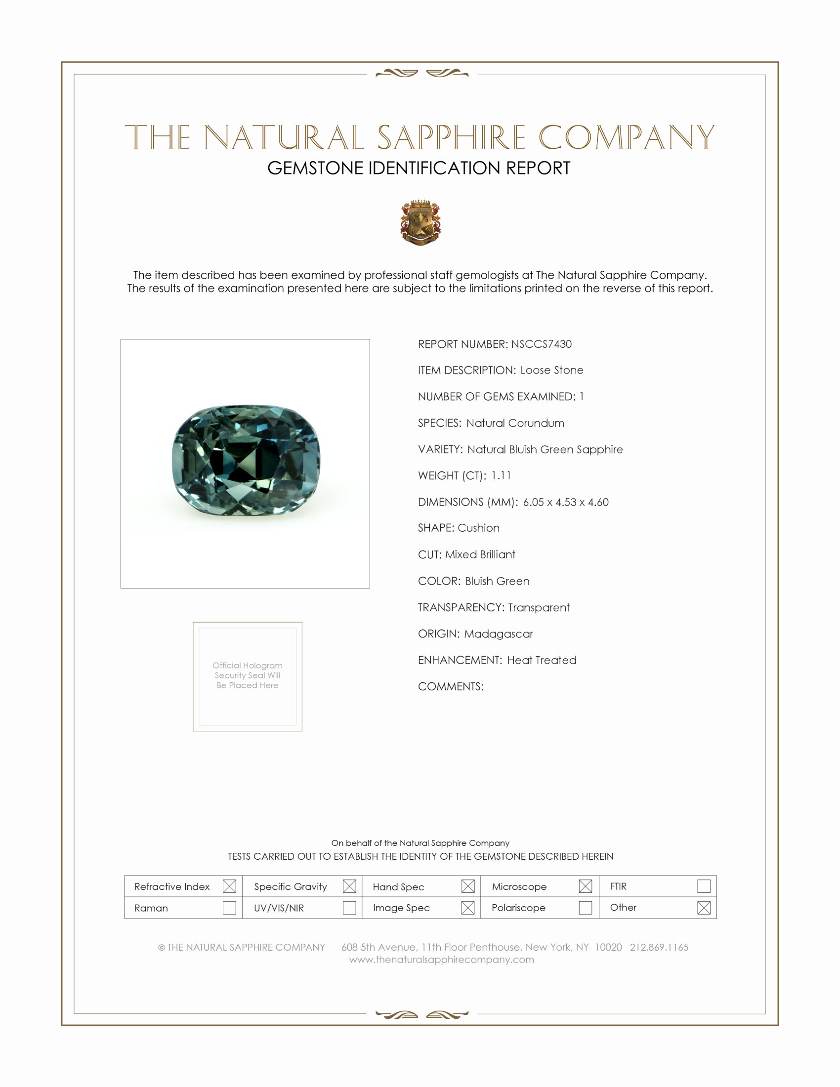 1.11 Ct. Bluish Green Sapphire from Madagascar