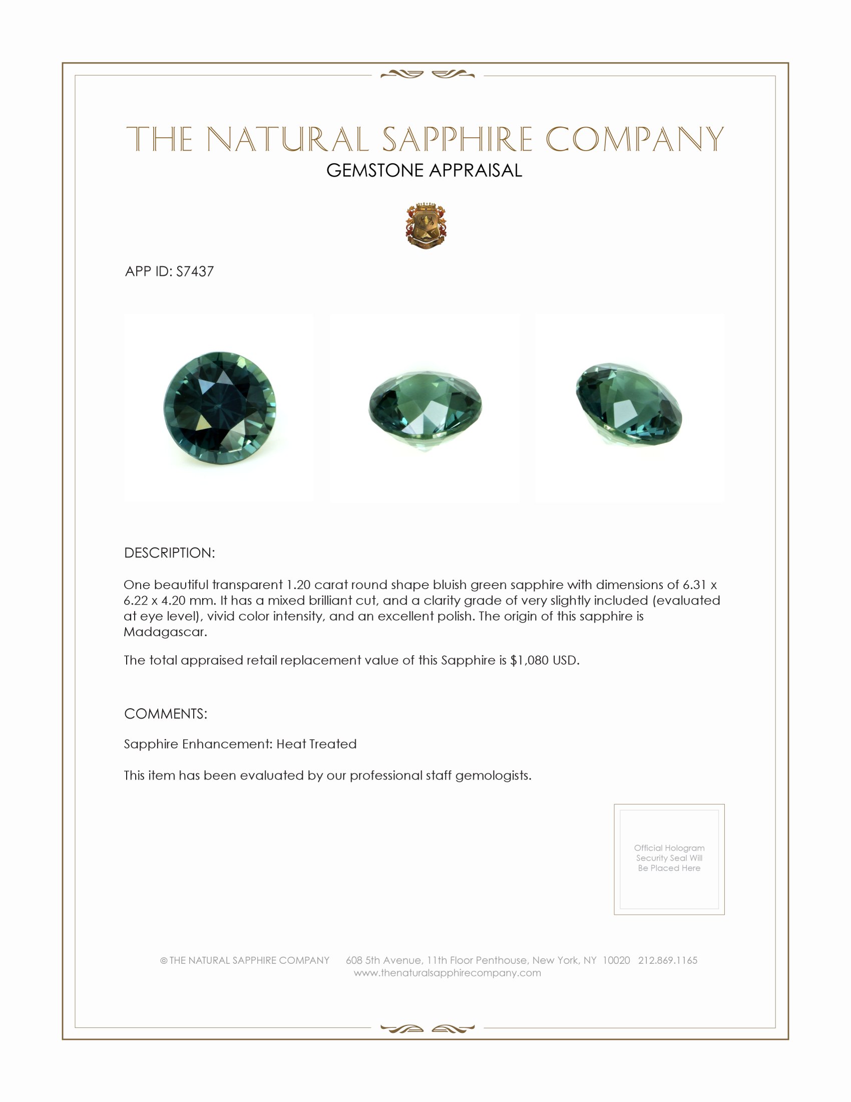 1.20 Ct. Bluish Green Sapphire from Madagascar