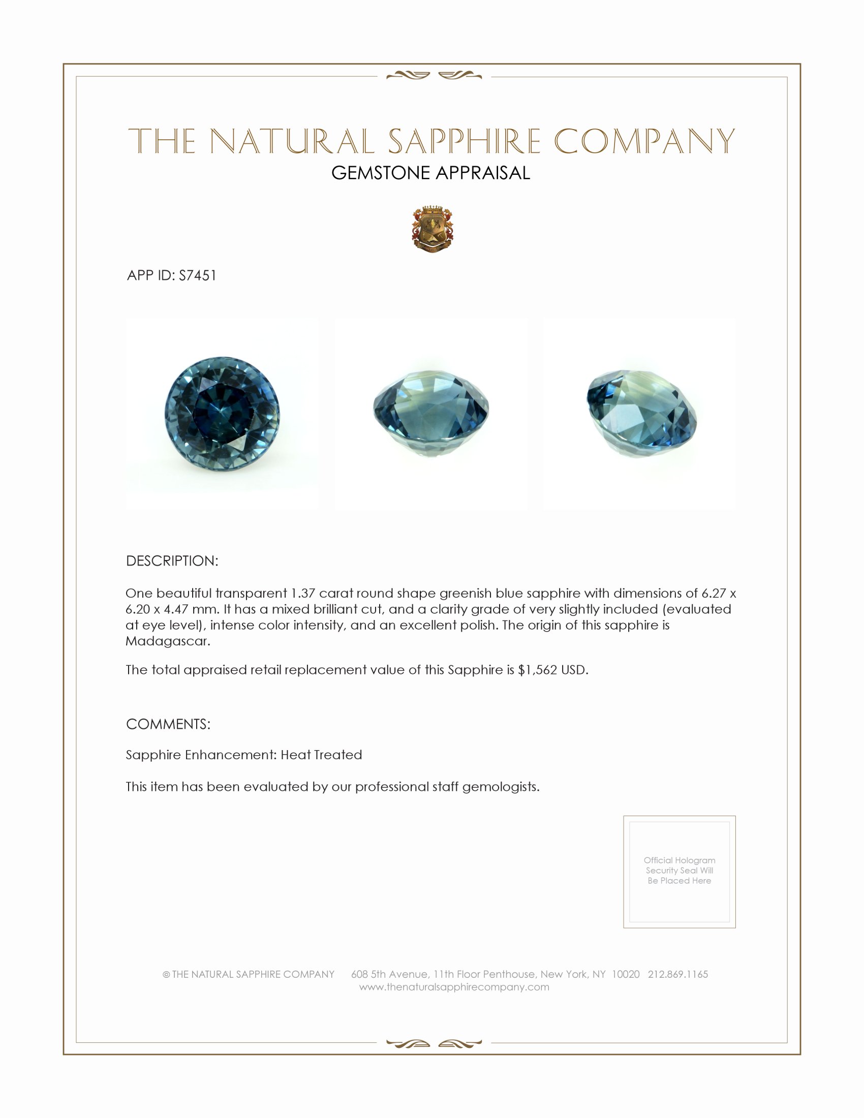 1.37 Ct. Greenish Blue Sapphire from Madagascar