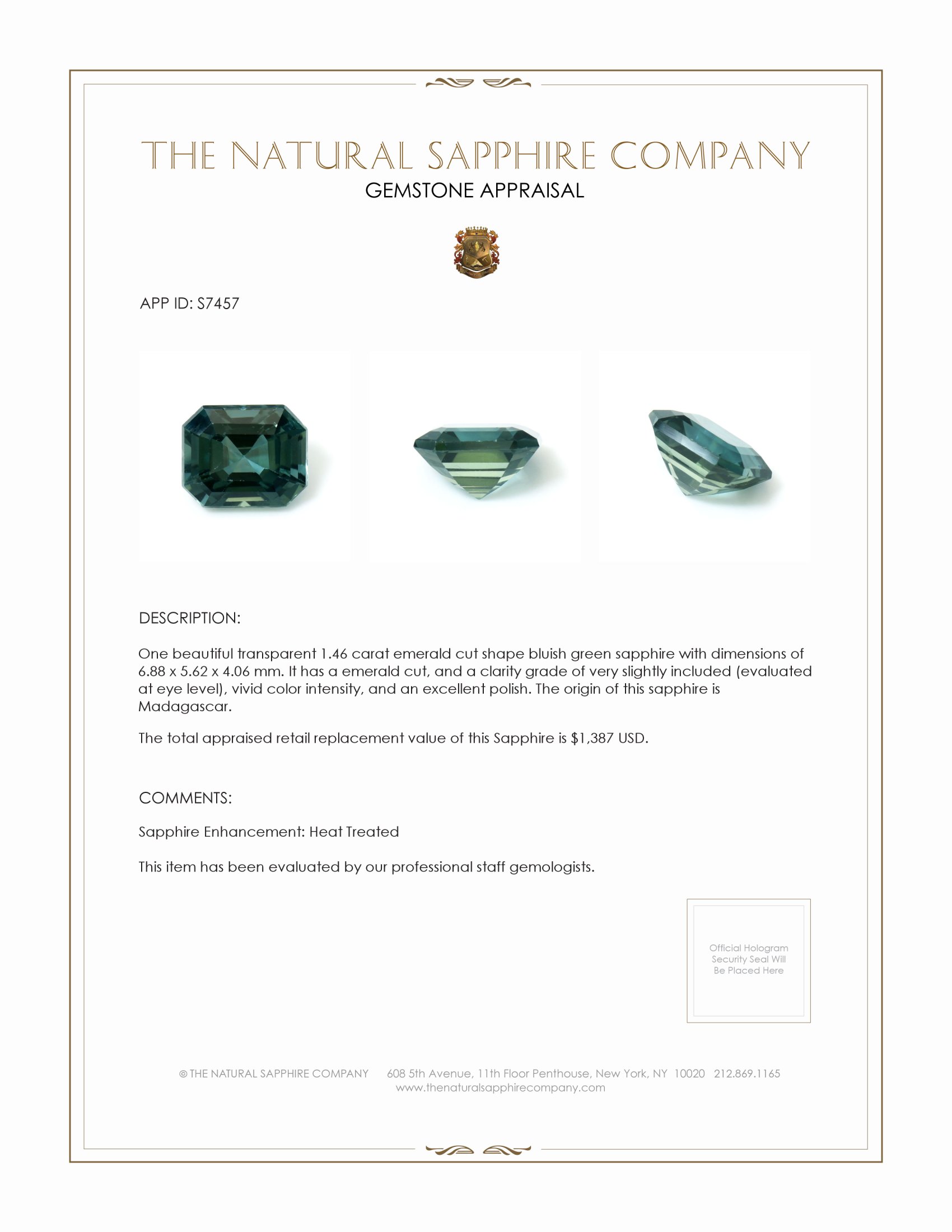 1.46 Ct. Bluish Green Sapphire from Madagascar