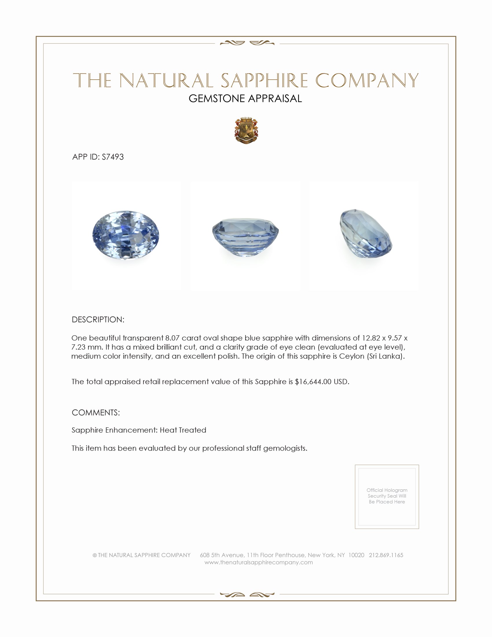 8.07 Ct. Blue Sapphire from Ceylon (Sri Lanka)