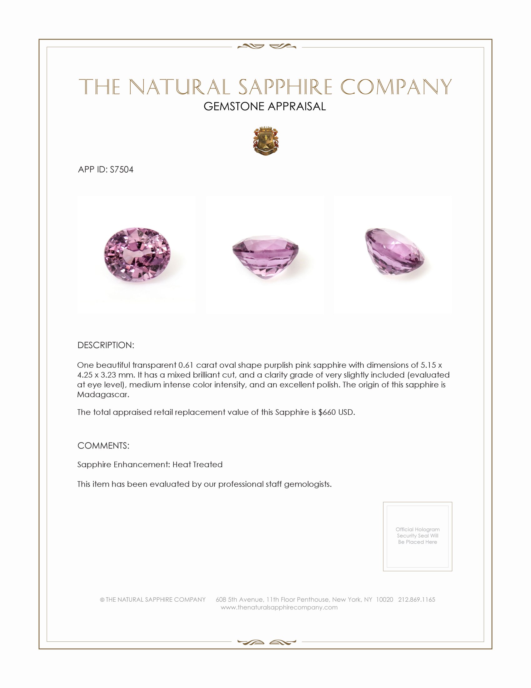 0.61 Ct. Purplish Pink Sapphire from Madagascar