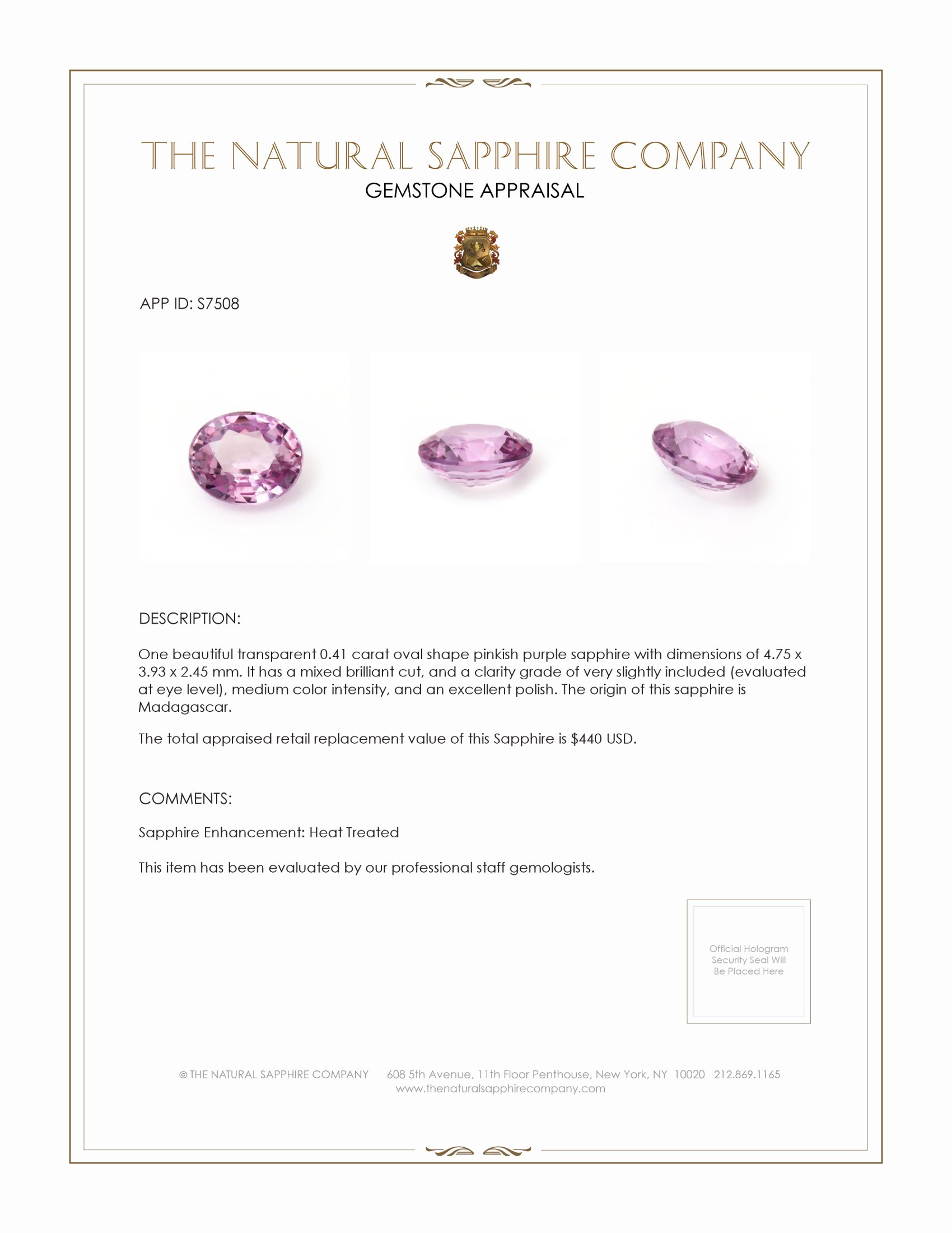 0.41 Ct. Pinkish Purple Sapphire from Madagascar