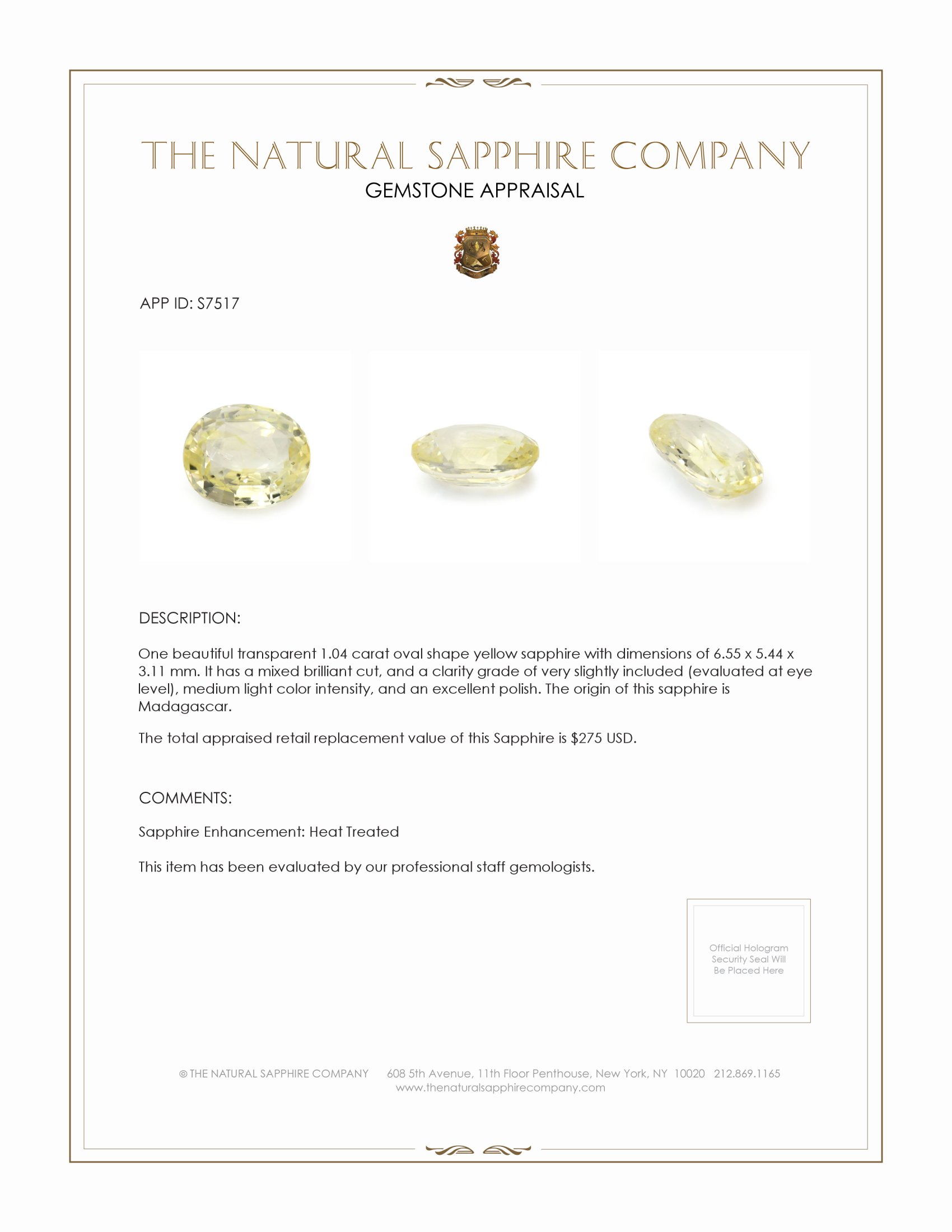 1.04 Ct. Yellow Sapphire from Madagascar