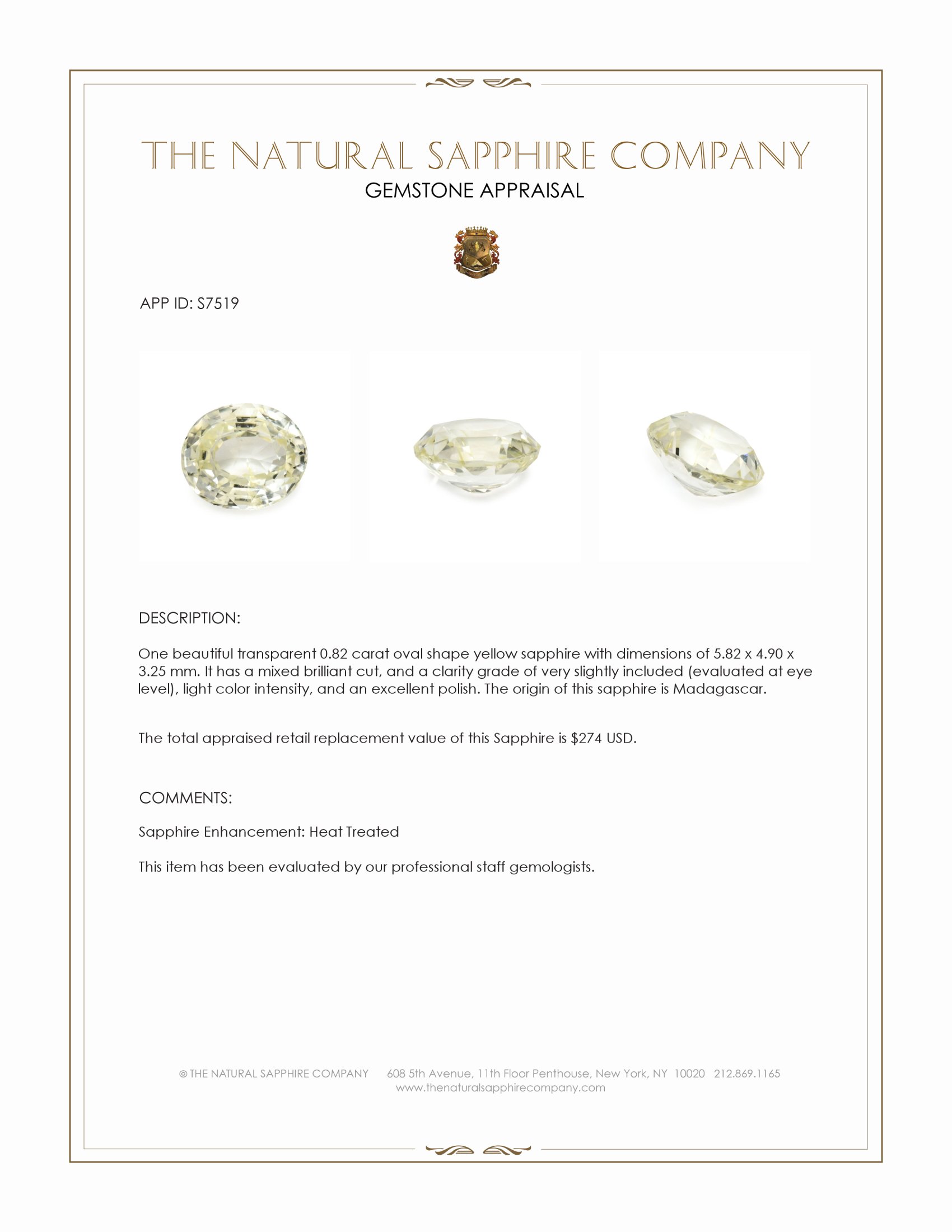 0.82 Ct. Yellow Sapphire from Madagascar
