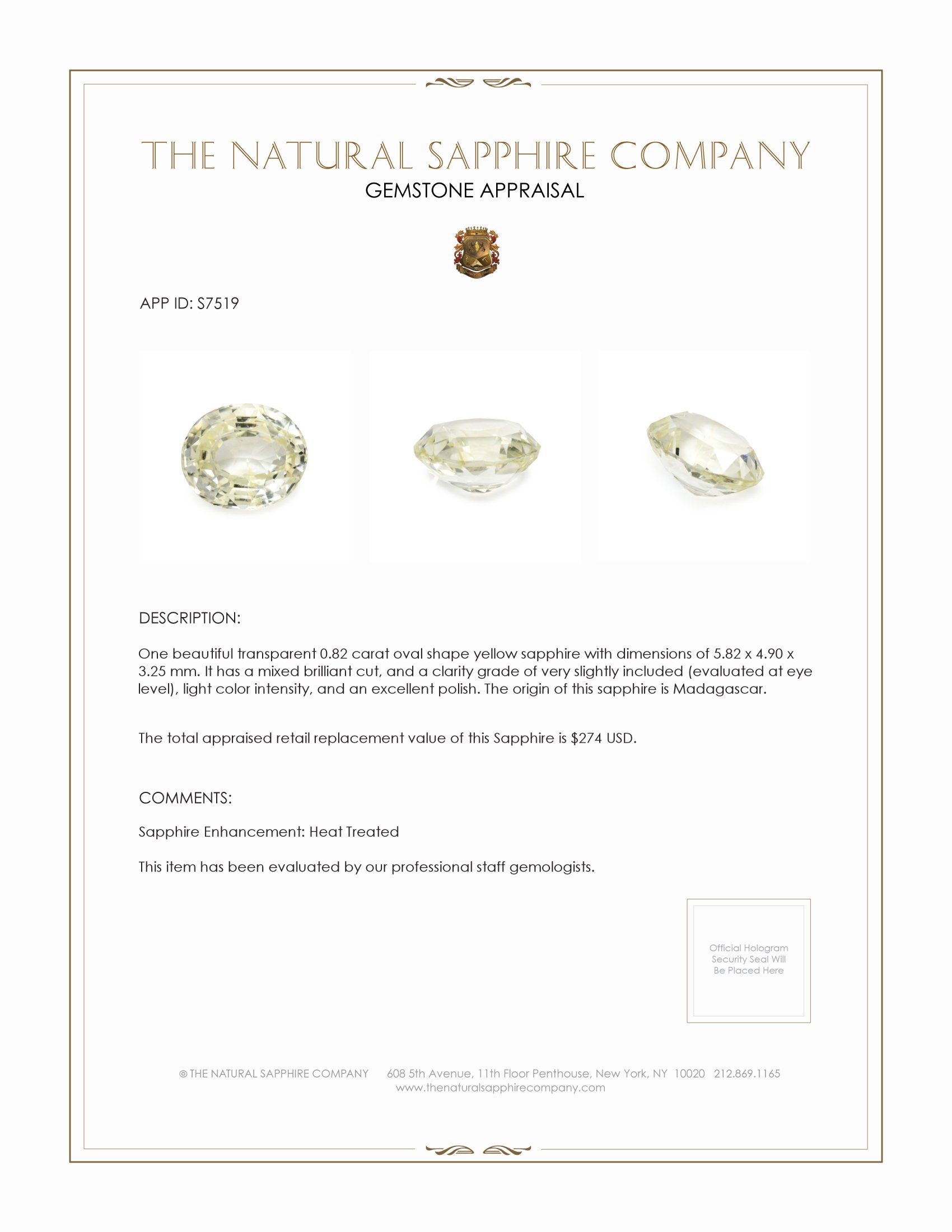 0.82 Ct. Yellow Sapphire from Madagascar