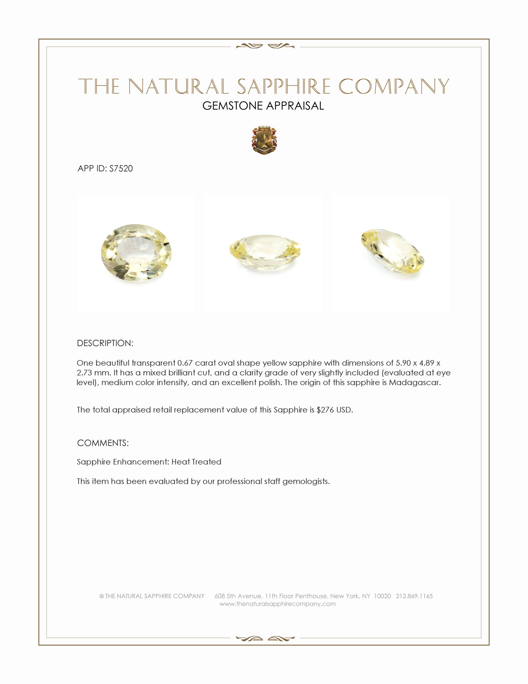0.67 Ct. Yellow Sapphire from Madagascar