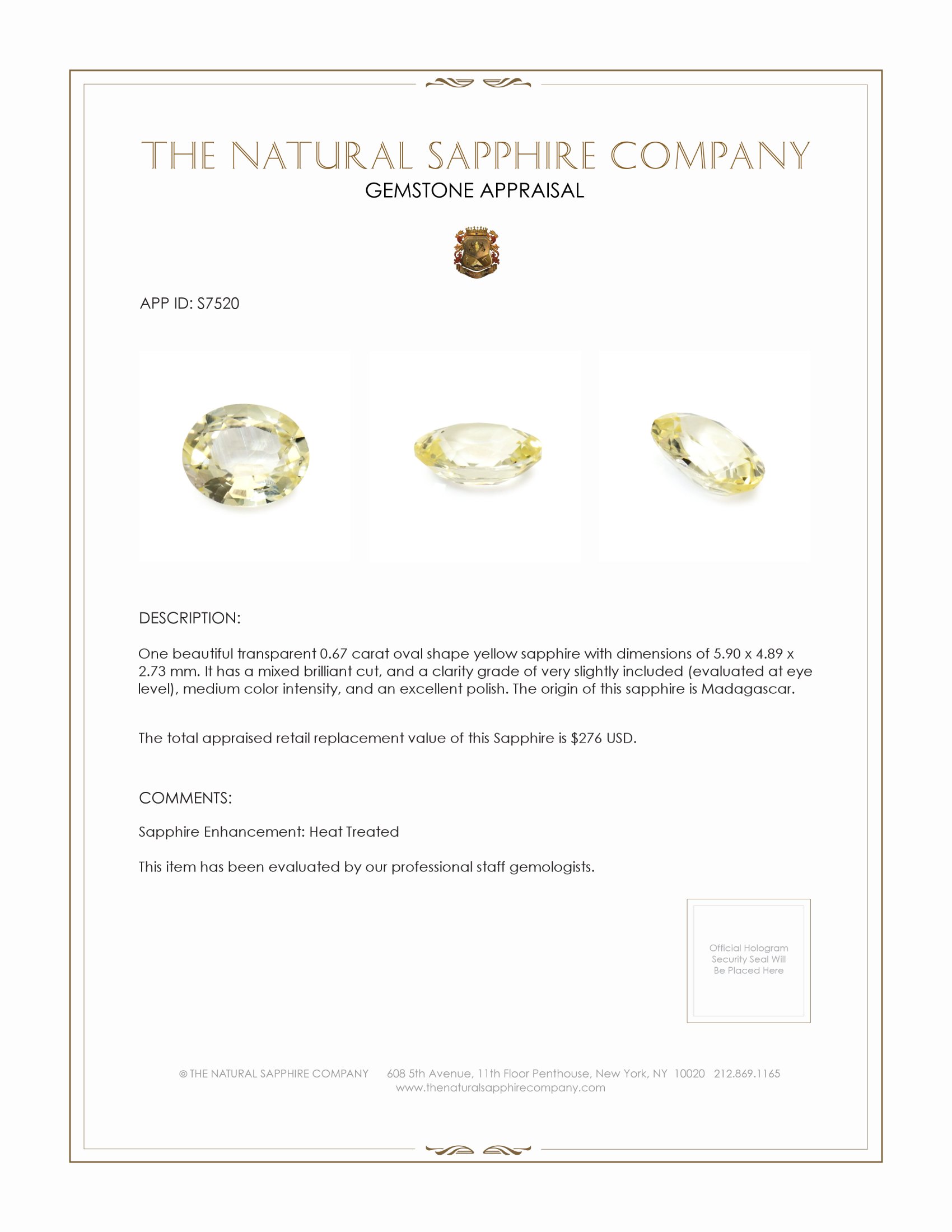 0.67 Ct. Yellow Sapphire from Madagascar