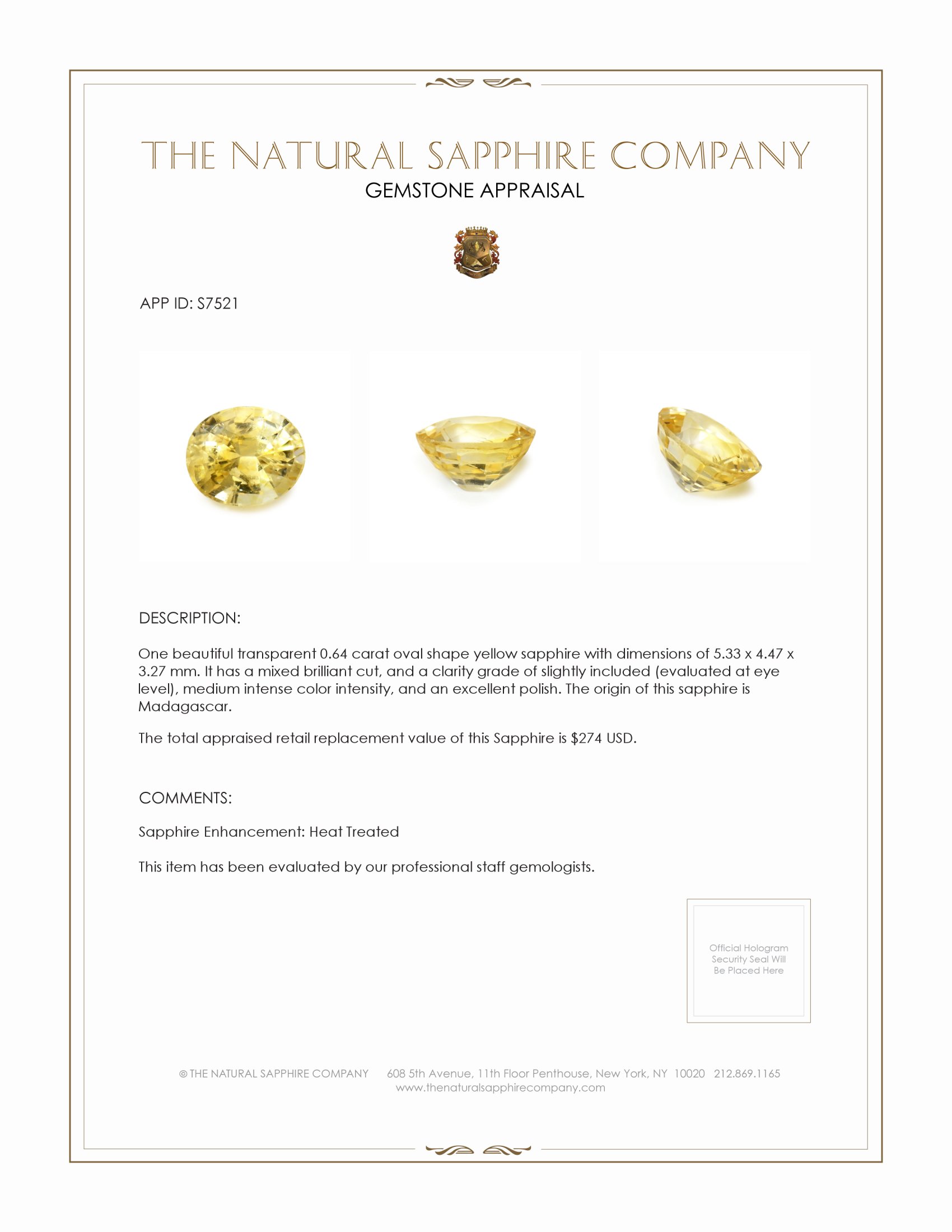 0.64 Ct. Yellow Sapphire from Madagascar