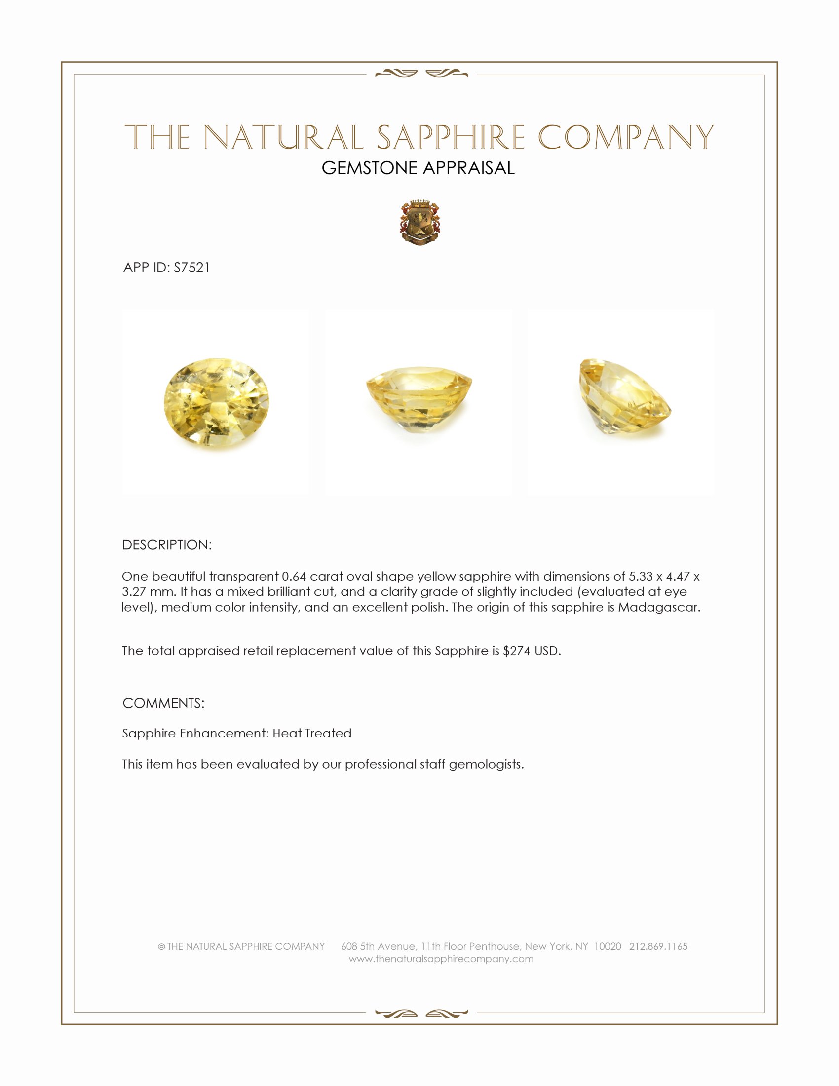 0.64 Ct. Yellow Sapphire from Madagascar