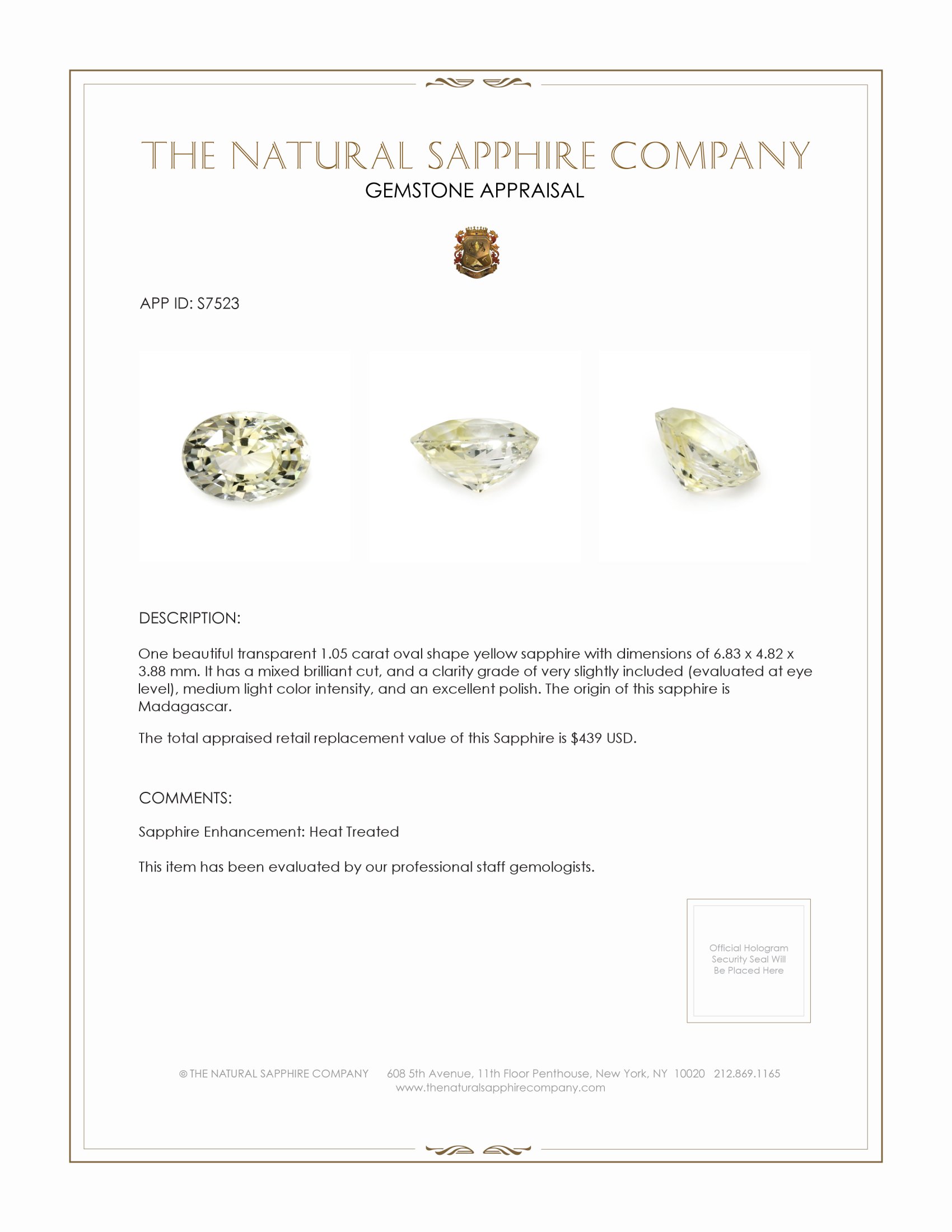 1.05 Ct. Yellow Sapphire from Madagascar