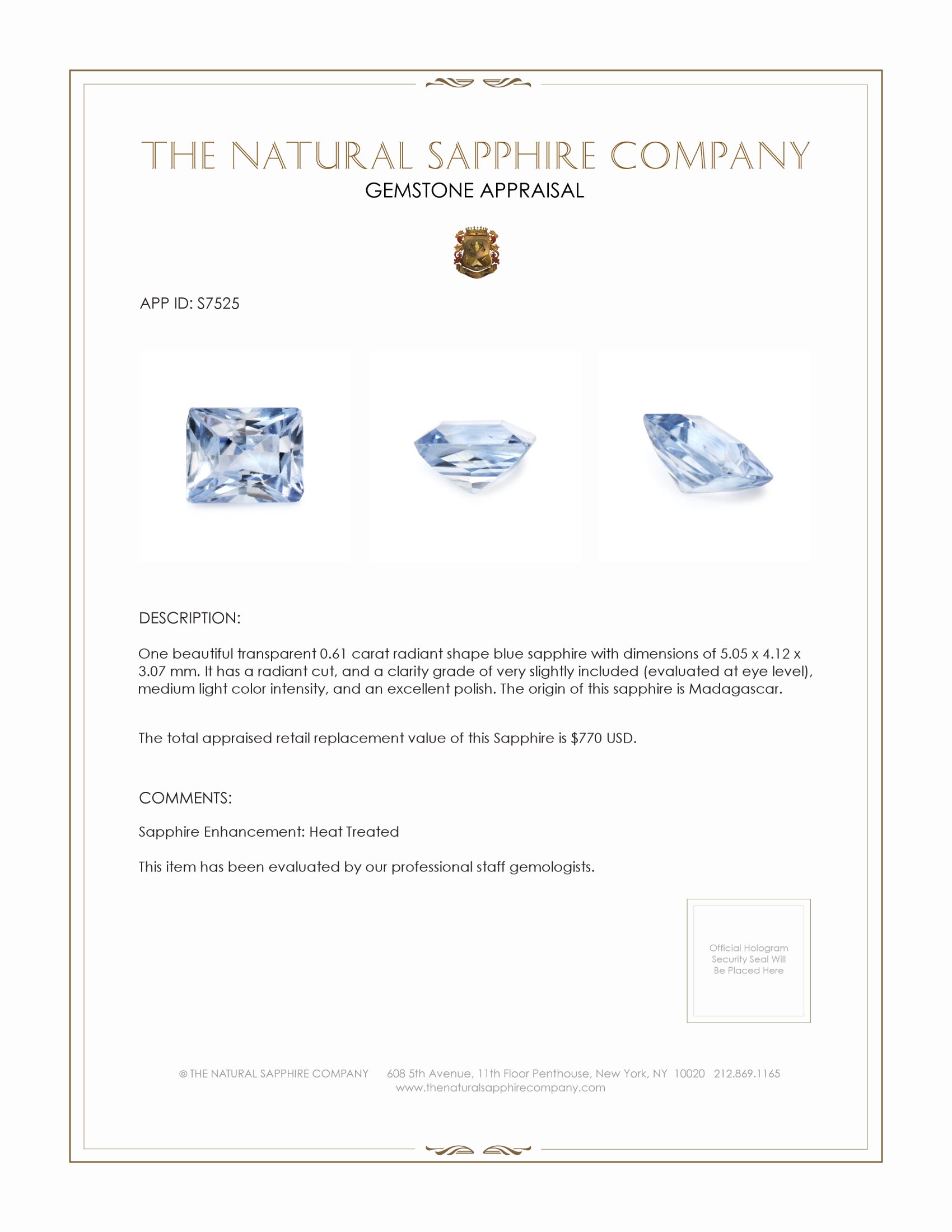 0.61 Ct. Blue Sapphire from Madagascar
