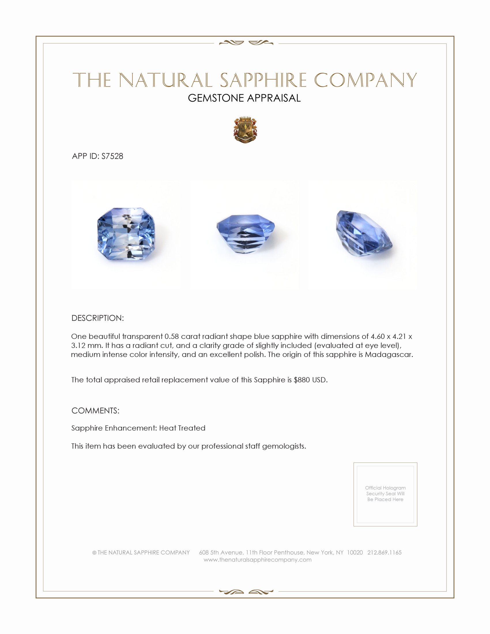 0.58 Ct. Blue Sapphire from Madagascar