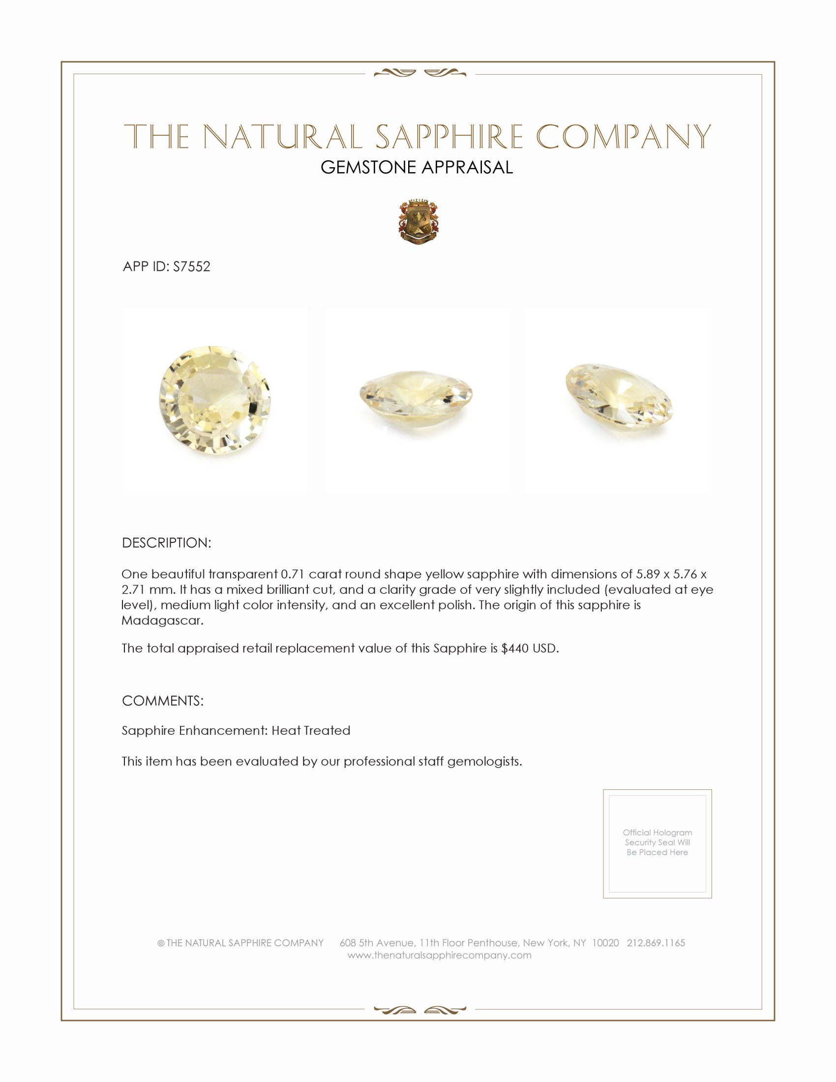 0.71 Ct. Yellow Sapphire from Madagascar