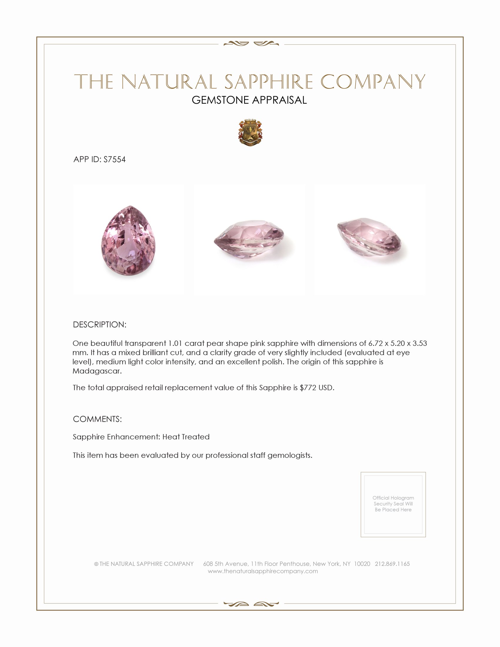 1.01 Ct. Pink Sapphire from Madagascar