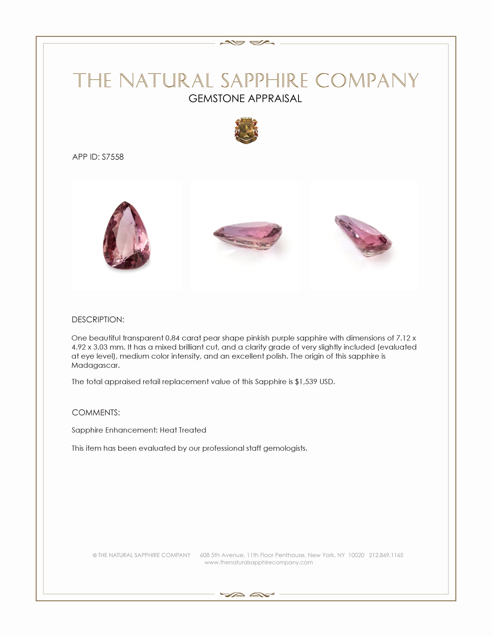 0.84 Ct. Pinkish Purple Sapphire from Madagascar