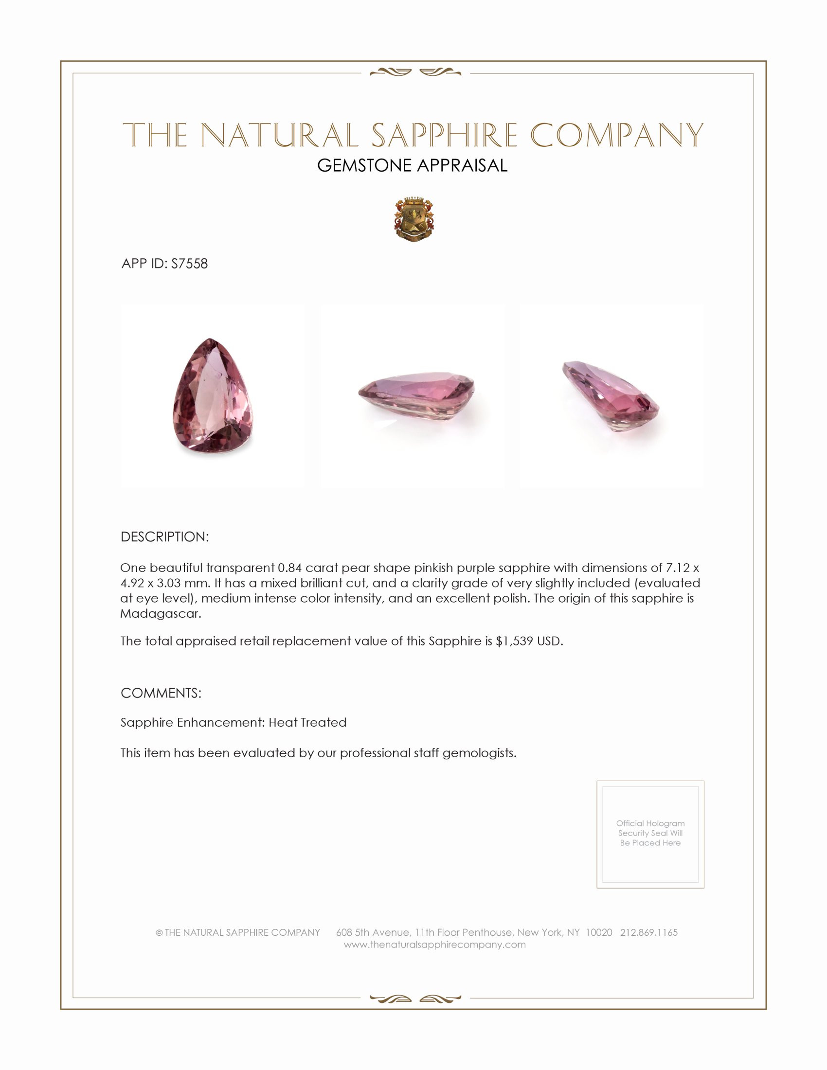 0.84 Ct. Pinkish Purple Sapphire from Madagascar