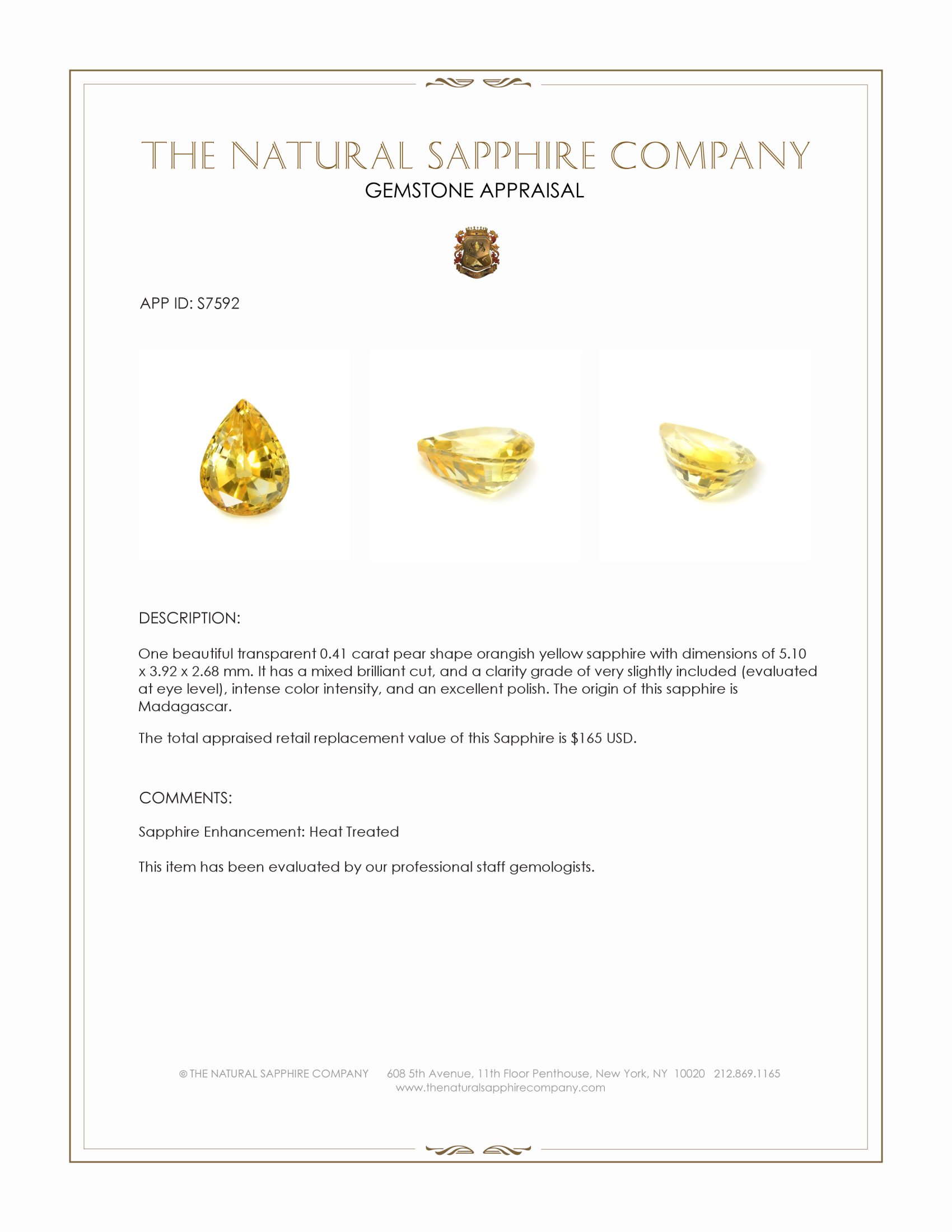 0.41 Ct. Orangish Yellow Sapphire from Madagascar