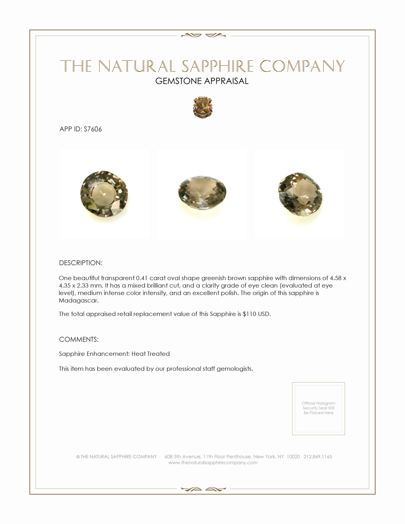 0.41 Ct. Greenish Brown Sapphire from Madagascar