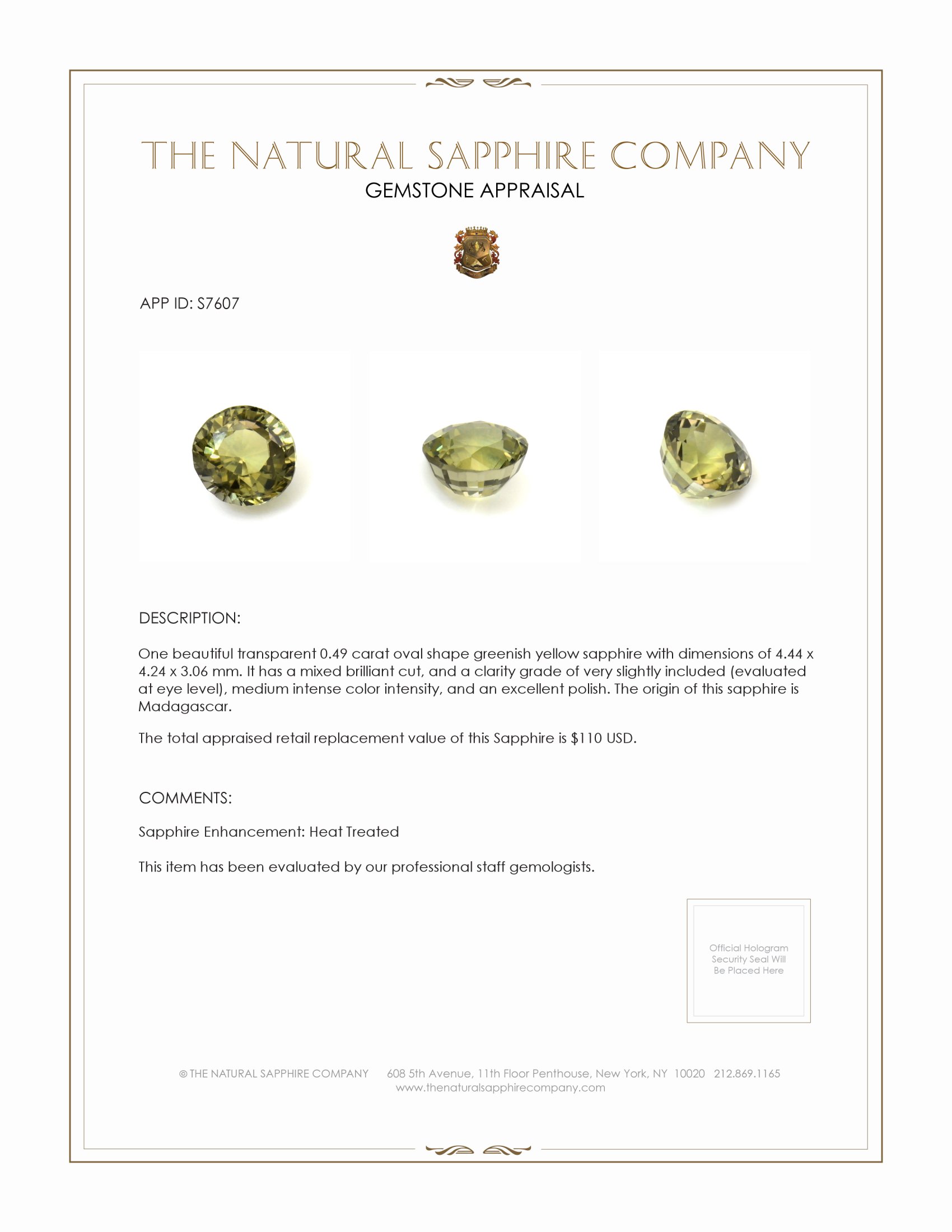 0.49 Ct. Greenish Yellow Sapphire from Madagascar