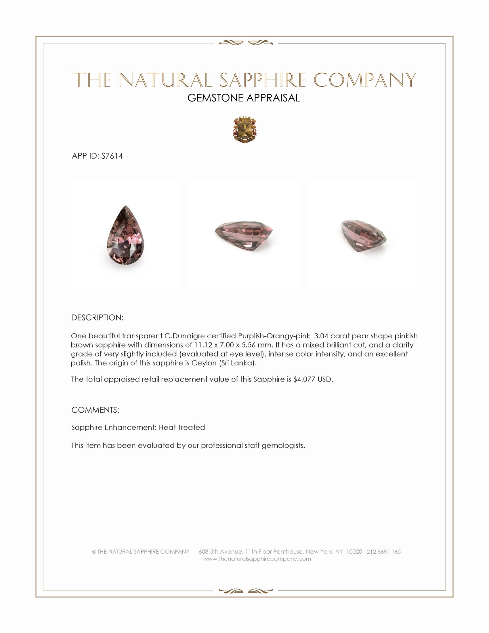 3.04 Ct. Pinkish Brown Sapphire from Ceylon (Sri Lanka)