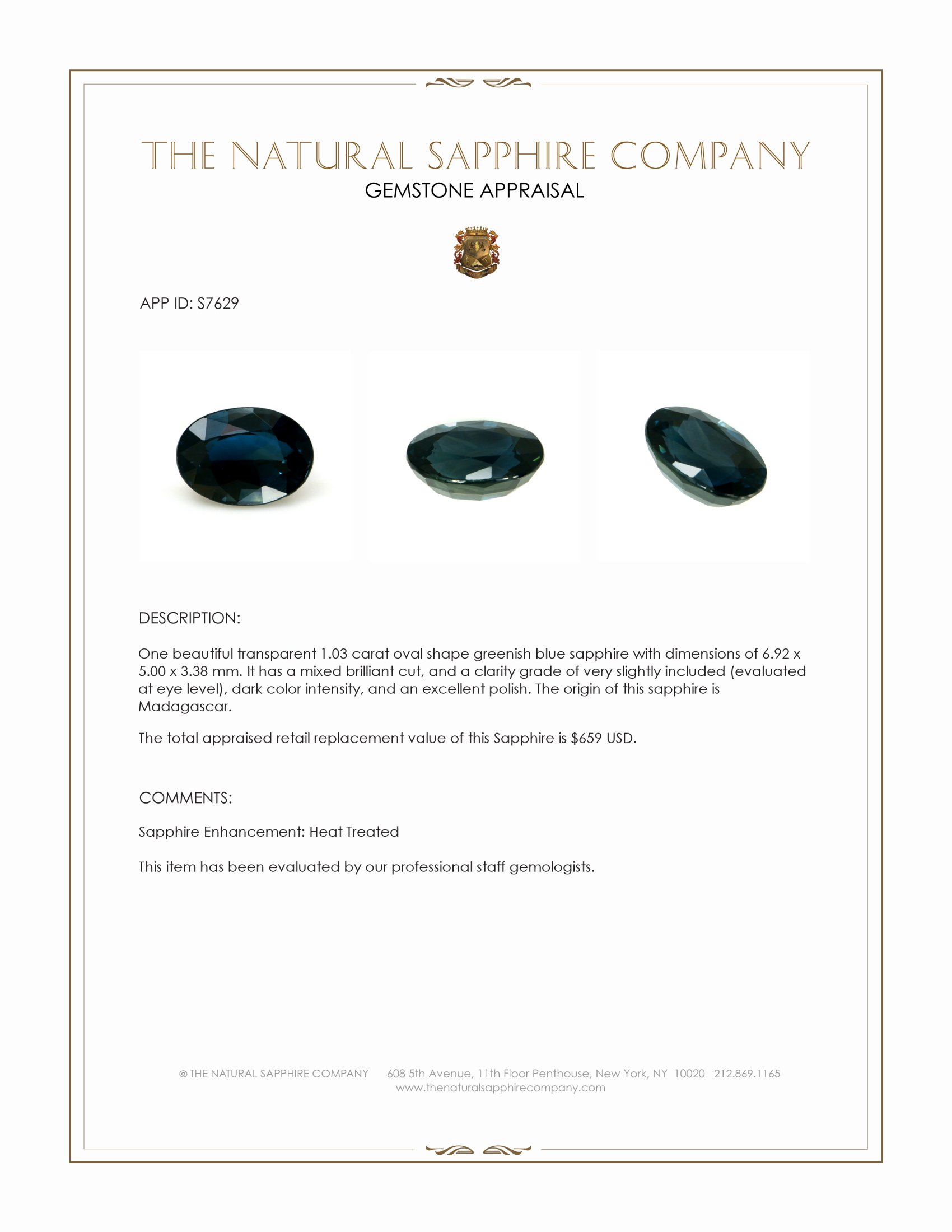 1.03 Ct. Greenish Blue Sapphire from Madagascar