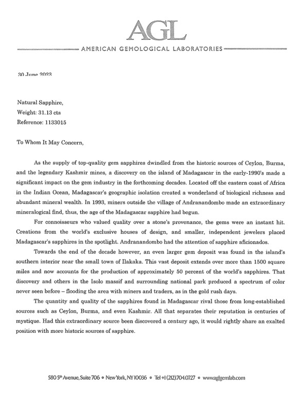 31.13 Ct. Blue Sapphire from Madagascar