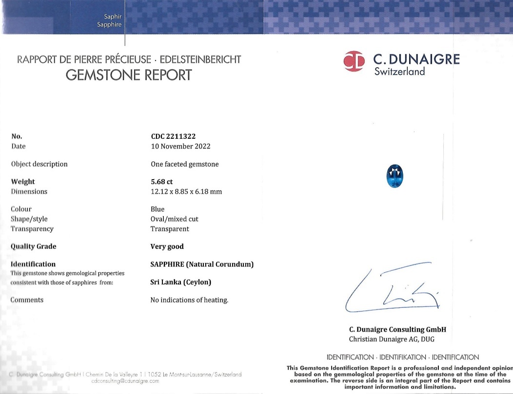 5.68 Ct. Blue Sapphire from Ceylon (Sri Lanka)