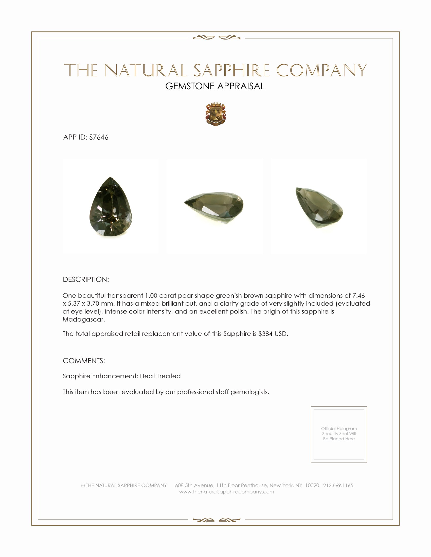 1.00 Ct. Greenish Brown Sapphire from Madagascar
