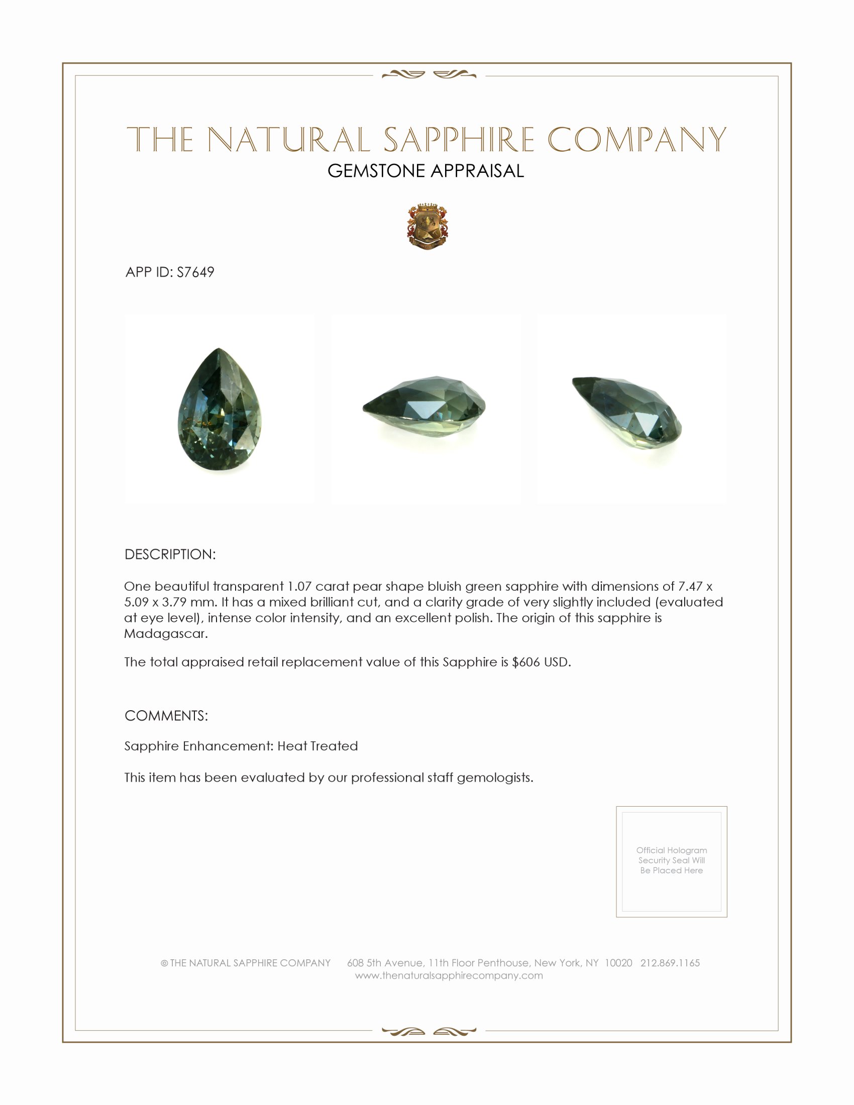 1.07 Ct. Bluish Green Sapphire from Madagascar