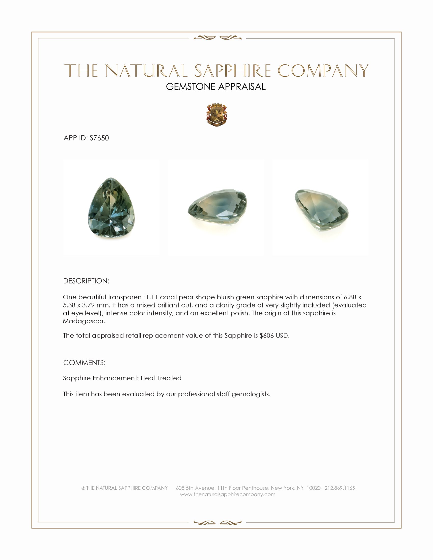 1.11 Ct. Bluish Green Sapphire from Madagascar