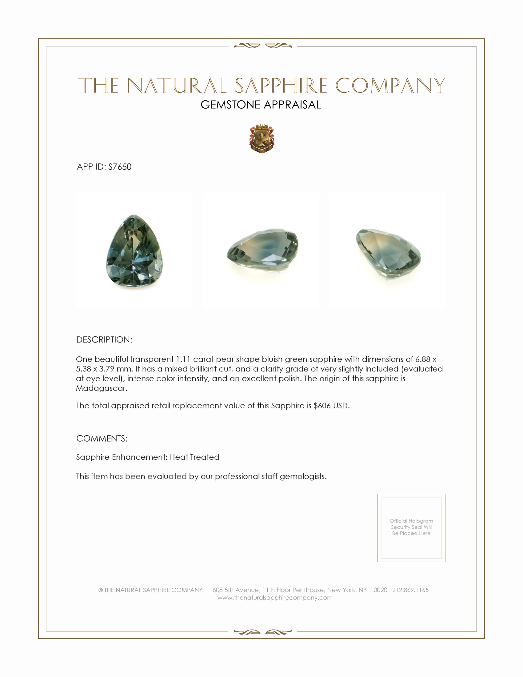 1.11 Ct. Bluish Green Sapphire from Madagascar