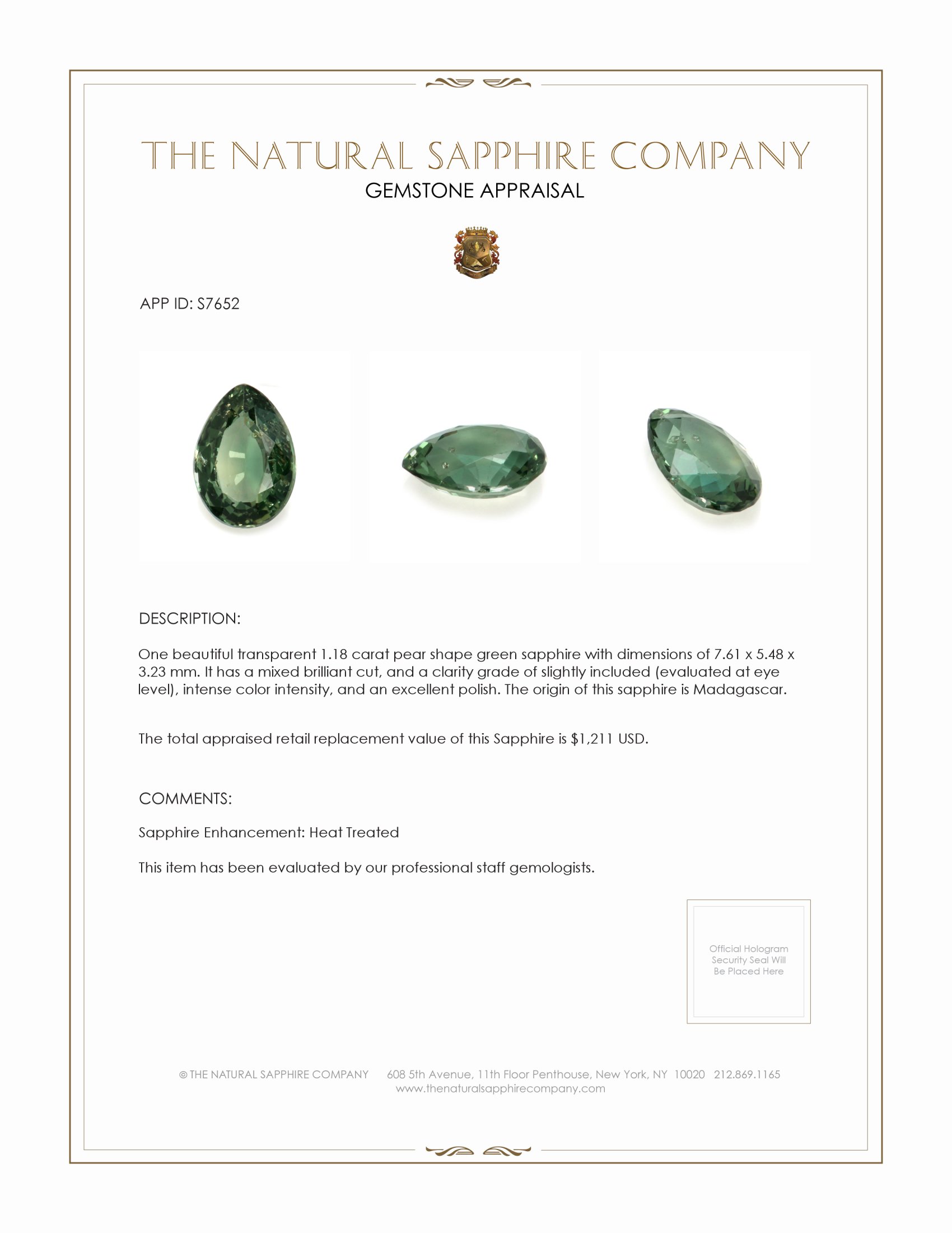 1.18 Ct. Green Sapphire from Madagascar