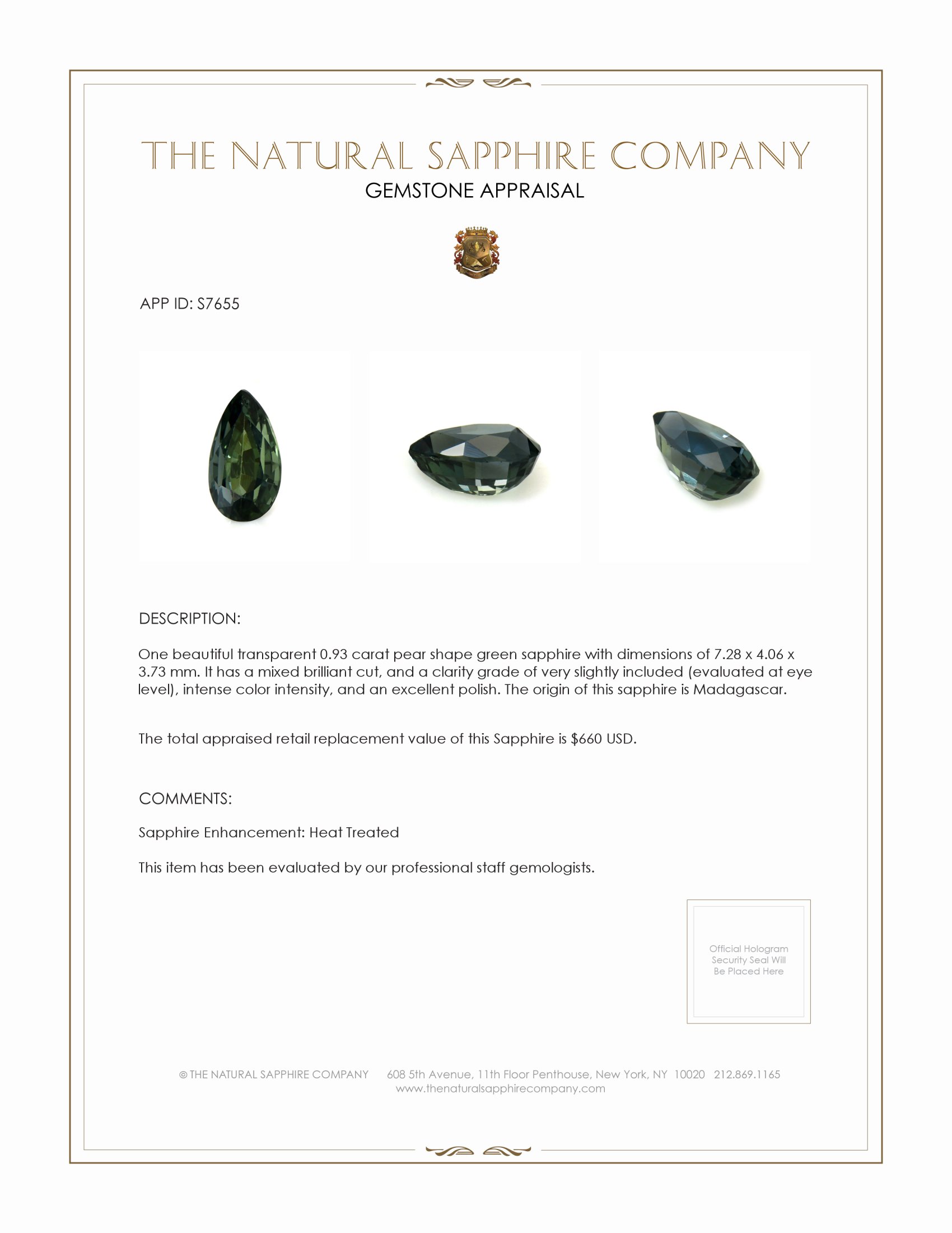 0.93 Ct. Green Sapphire from Madagascar